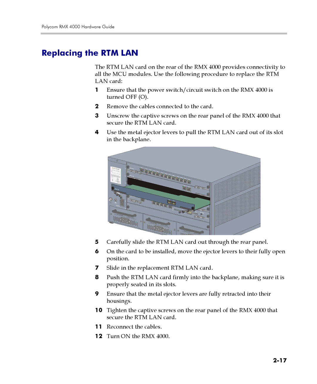 Polycom RMX 4000 manual Replacing the RTM LAN 