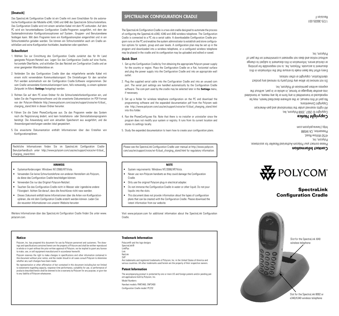 Polycom RNP2400 quick start Deutsch, Schnellstart, Quick Start, Trademark Information, Patent Information 