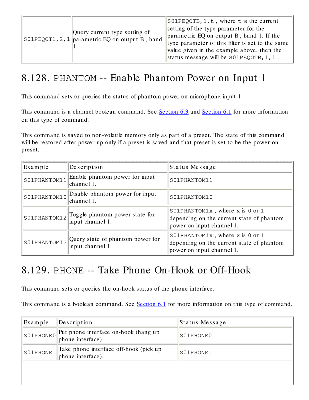 Polycom RS-232 manual Phantom -- Enable Phantom Power on Input, Phone -- Take Phone On-Hook or Off-Hook 