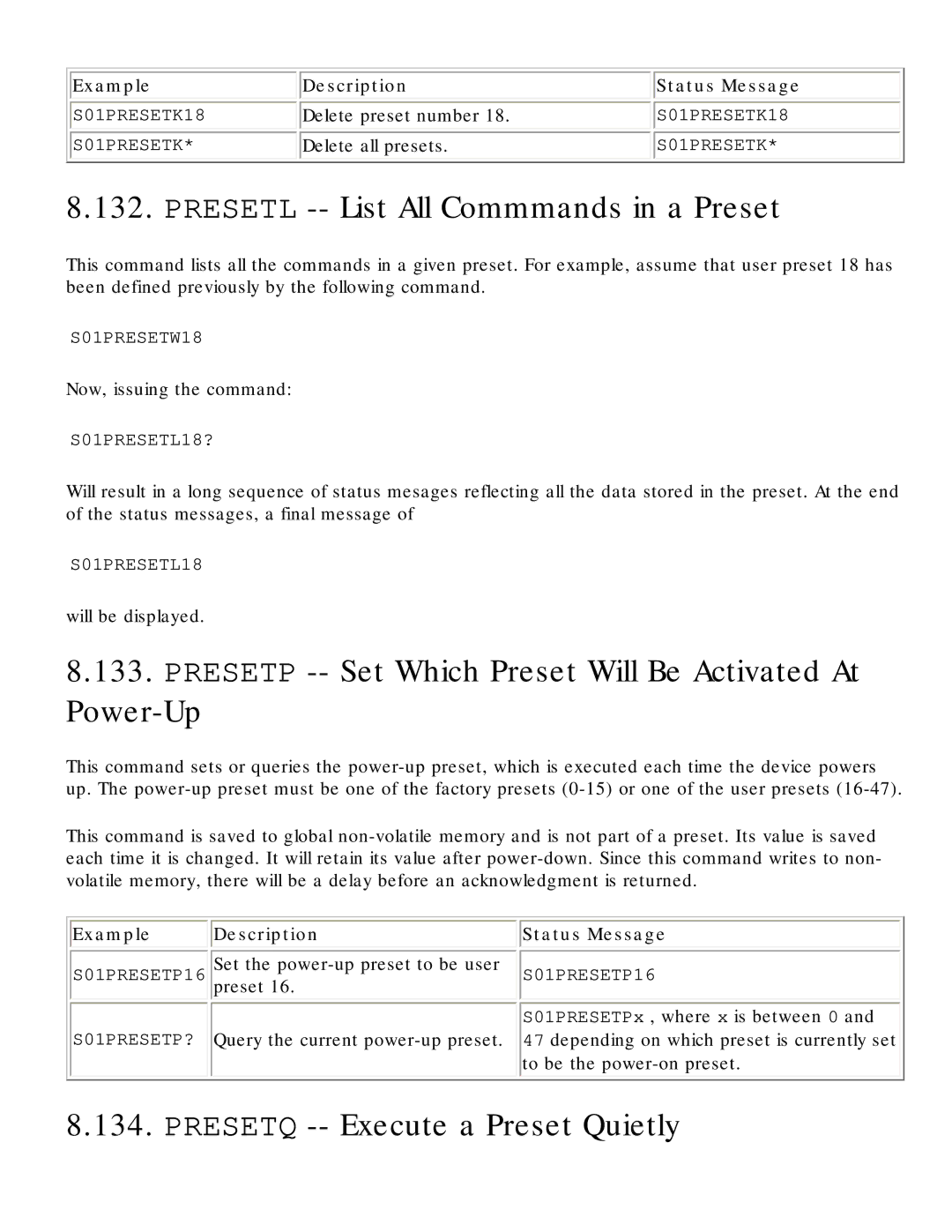 Polycom RS-232 manual Presetl -- List All Commmands in a Preset, Presetp -- Set Which Preset Will Be Activated At Power-Up 