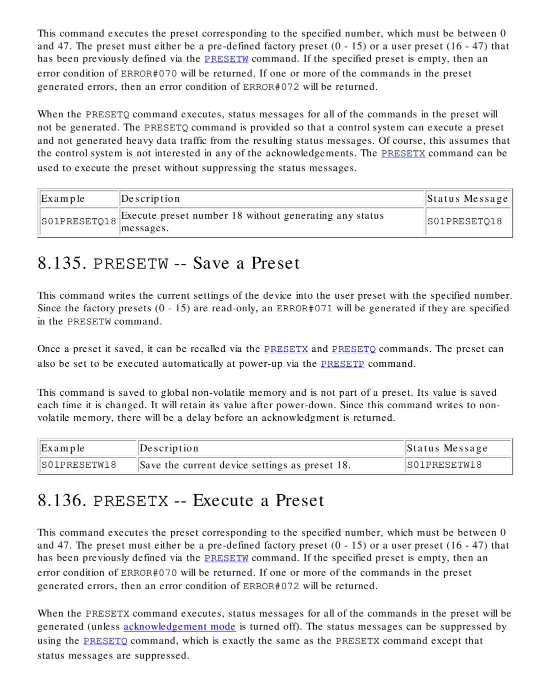 Polycom RS-232 manual Presetw -- Save a Preset, Presetx -- Execute a Preset, Save the current device settings as preset 