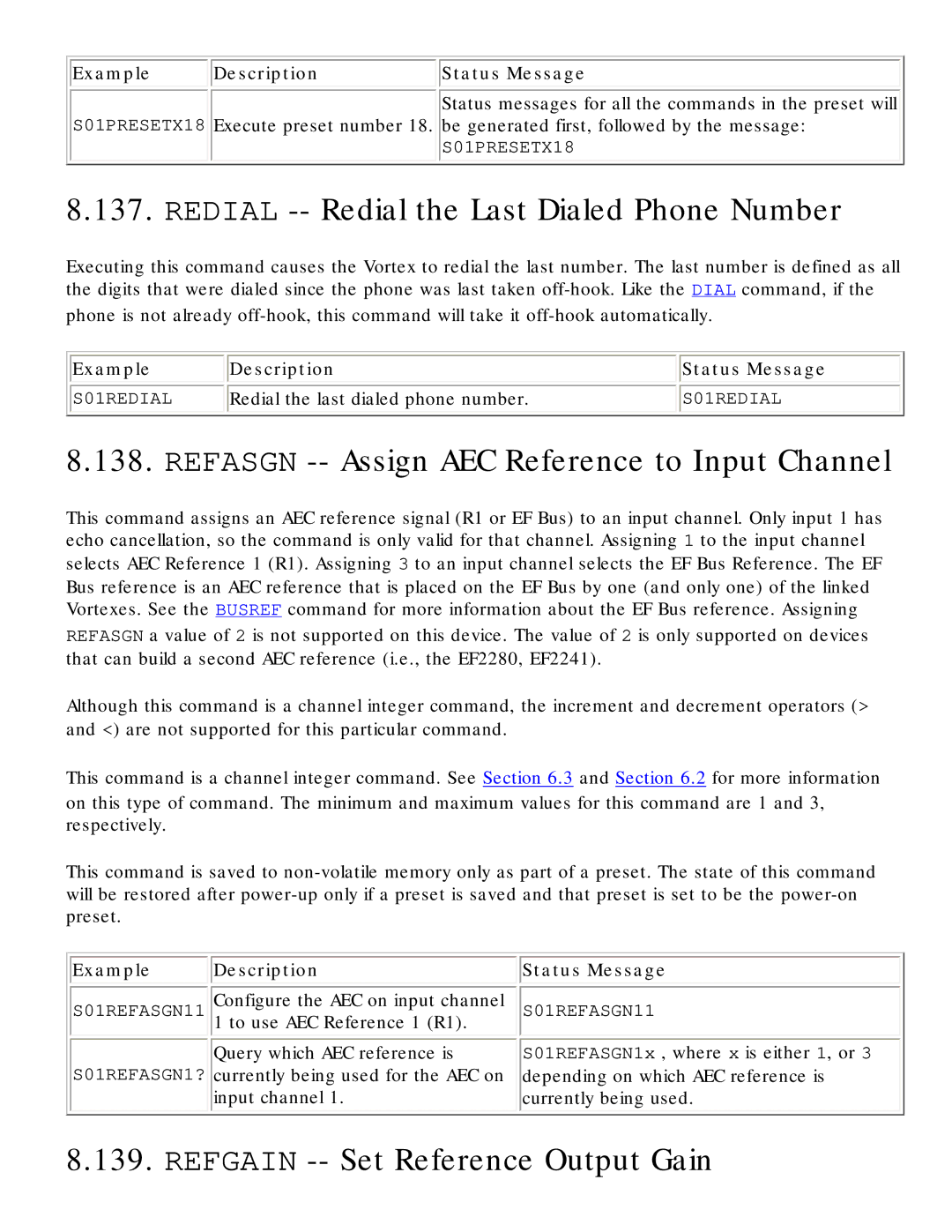 Polycom RS-232 manual Redial -- Redial the Last Dialed Phone Number, Refasgn -- Assign AEC Reference to Input Channel 