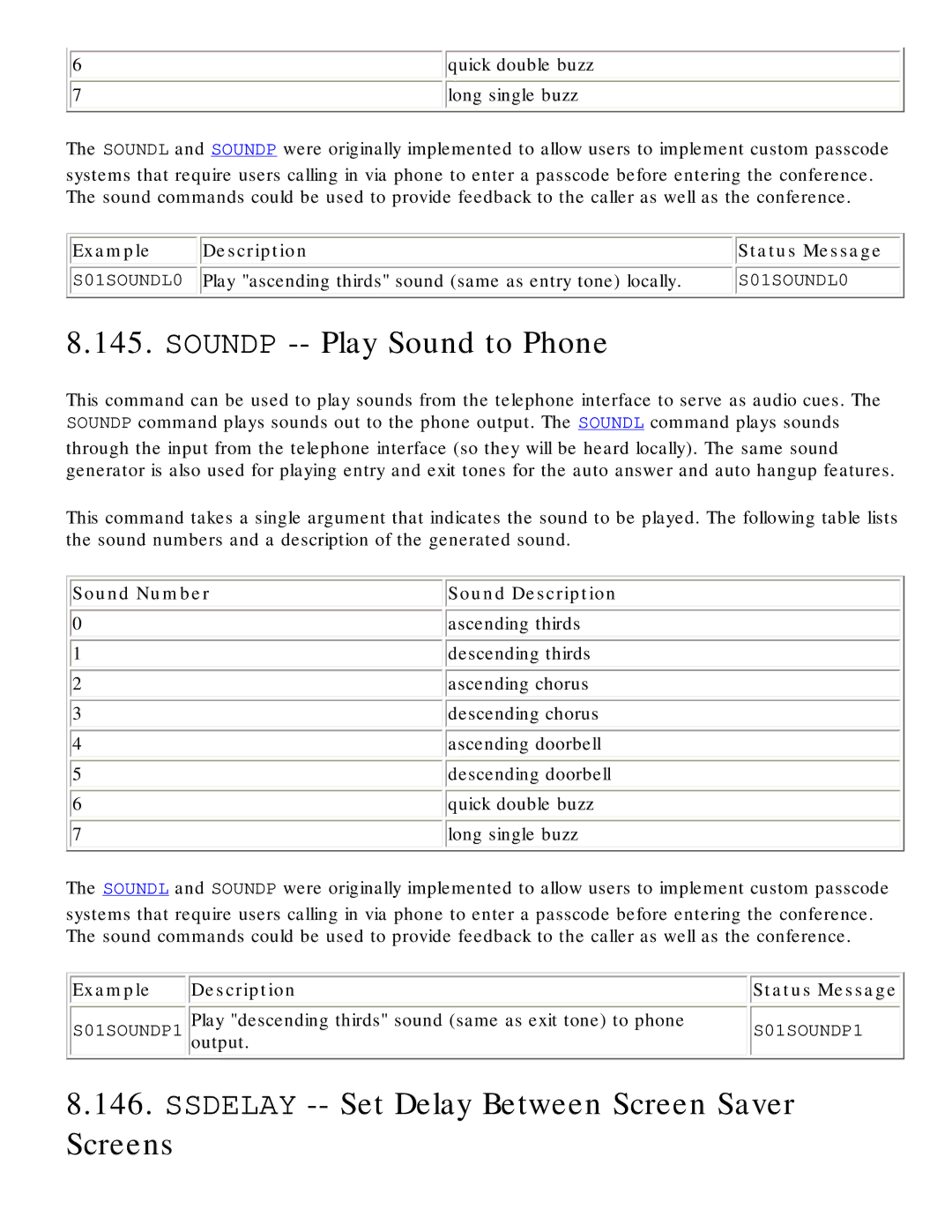 Polycom RS-232 manual Soundp -- Play Sound to Phone, Ssdelay -- Set Delay Between Screen Saver Screens 