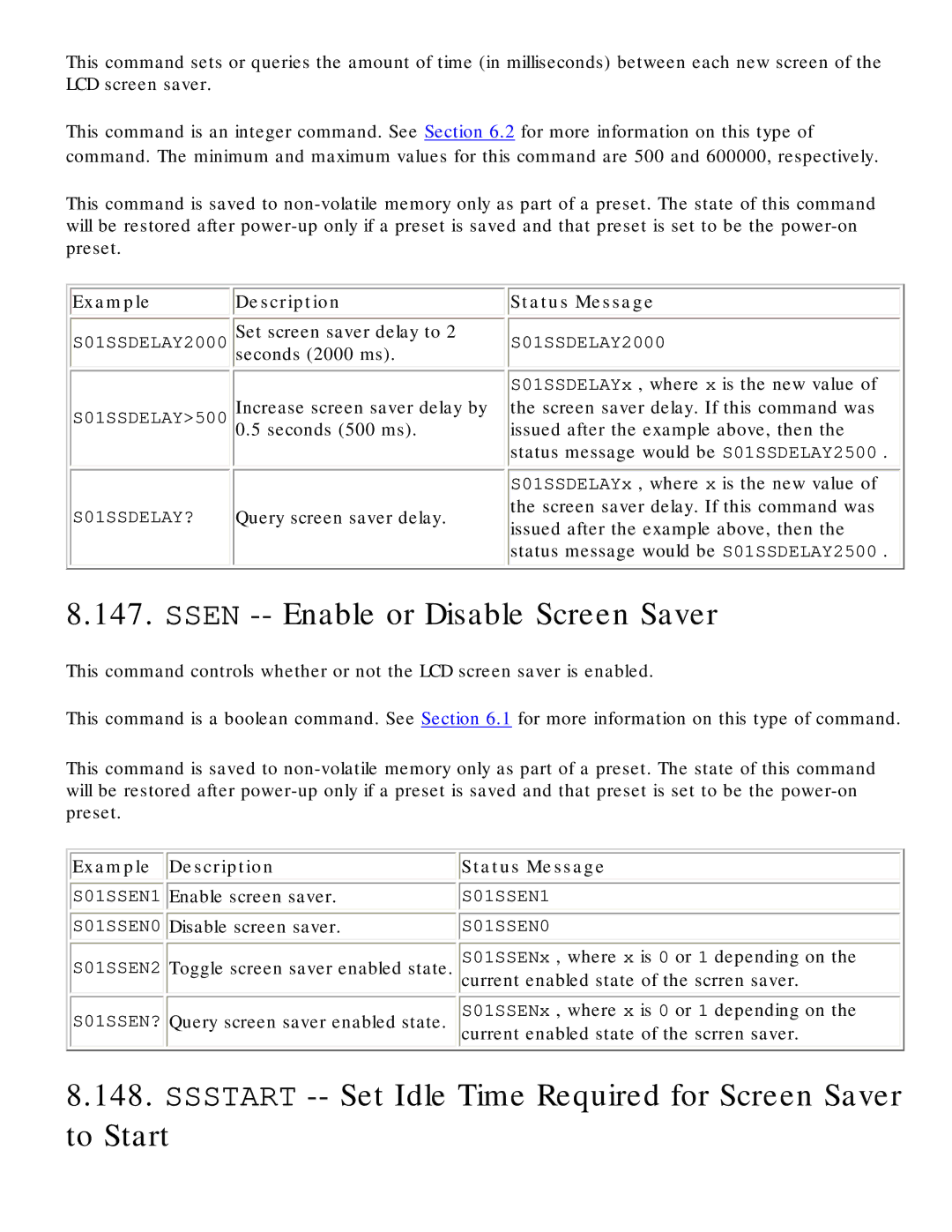 Polycom RS-232 manual Ssen -- Enable or Disable Screen Saver, Ssstart -- Set Idle Time Required for Screen Saver to Start 