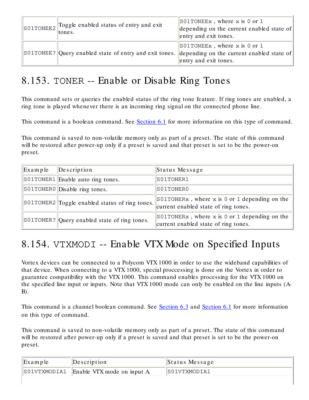 Polycom RS-232 manual Toner -- Enable or Disable Ring Tones, Vtxmodi -- Enable VTX Mode on Specified Inputs 