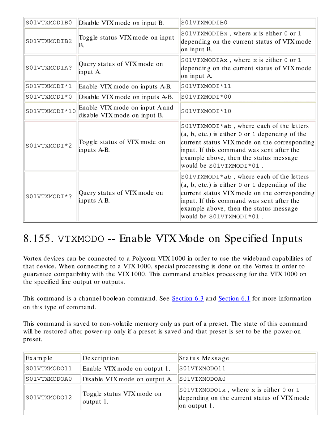 Polycom RS-232 manual Vtxmodo -- Enable VTX Mode on Specified Inputs, Example 