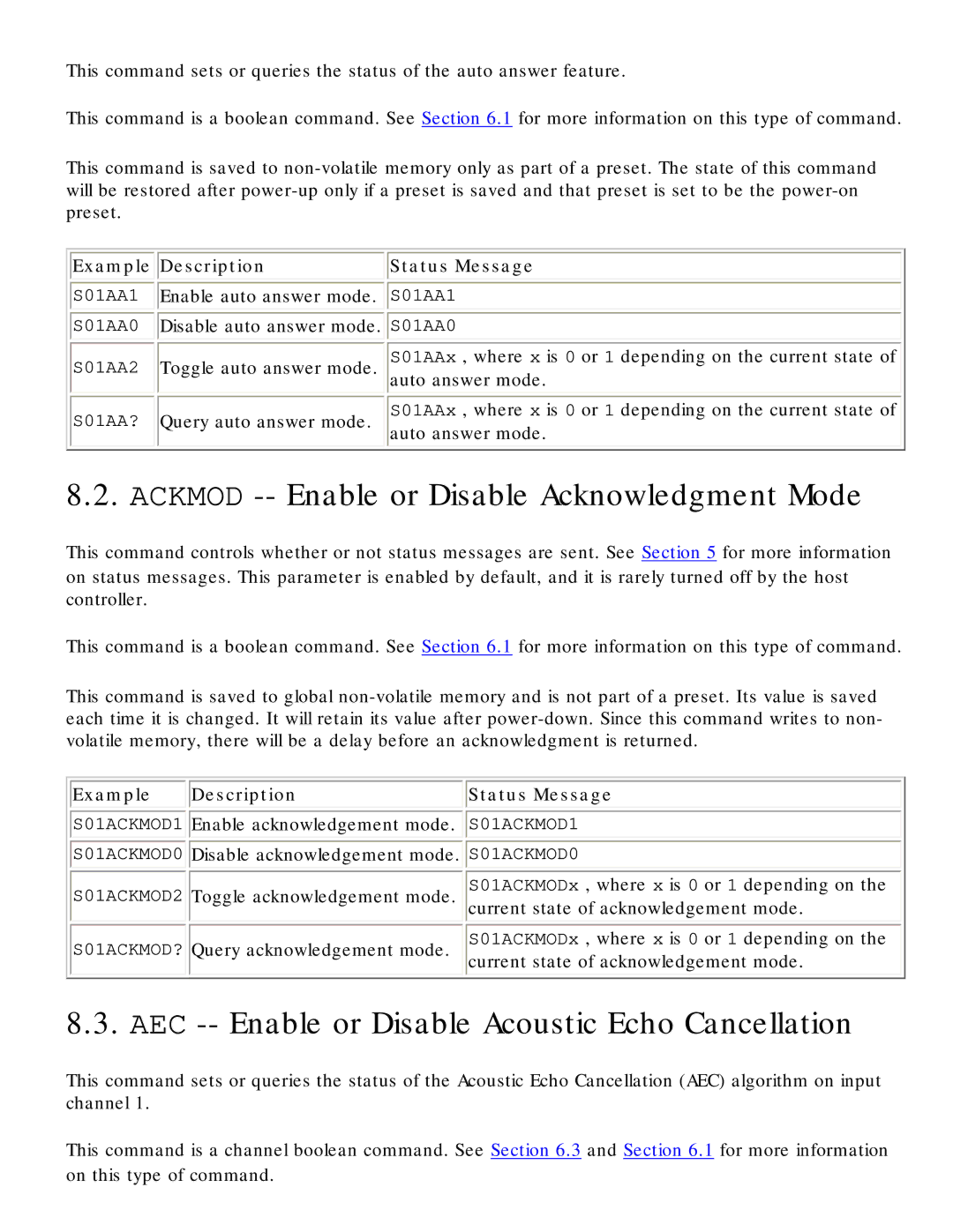 Polycom RS-232 manual Ackmod -- Enable or Disable Acknowledgment Mode, AEC -- Enable or Disable Acoustic Echo Cancellation 