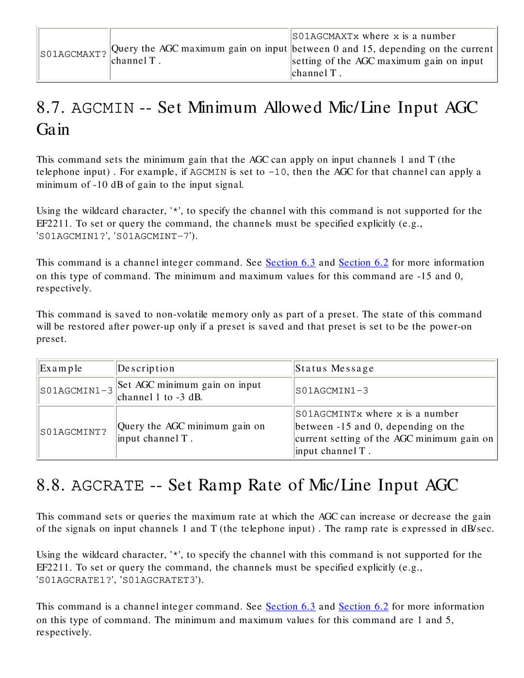 Polycom RS-232 manual Agcmin -- Set Minimum Allowed Mic/Line Input AGC Gain, Agcrate -- Set Ramp Rate of Mic/Line Input AGC 