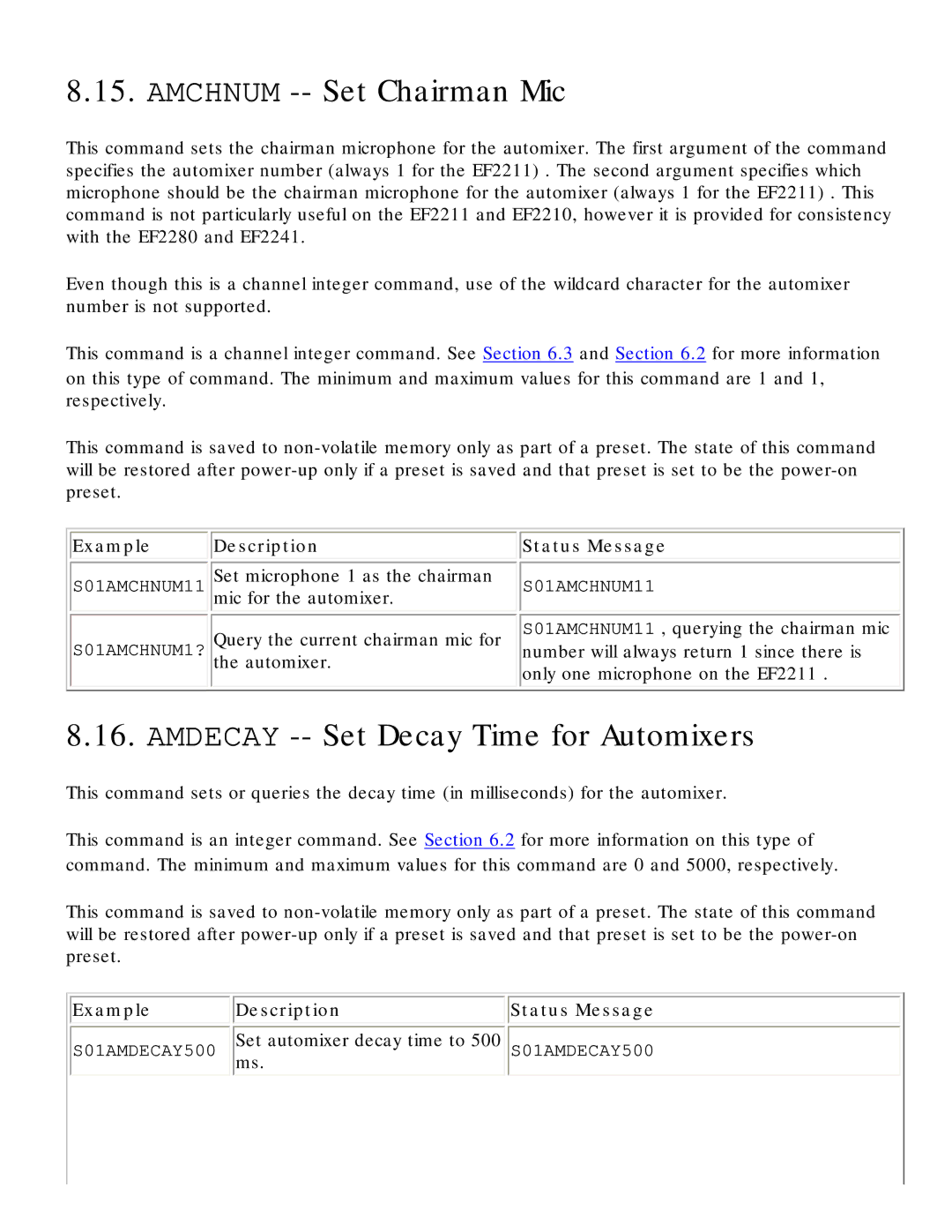 Polycom RS-232 manual Amchnum -- Set Chairman Mic, Amdecay -- Set Decay Time for Automixers, Set automixer decay time to 