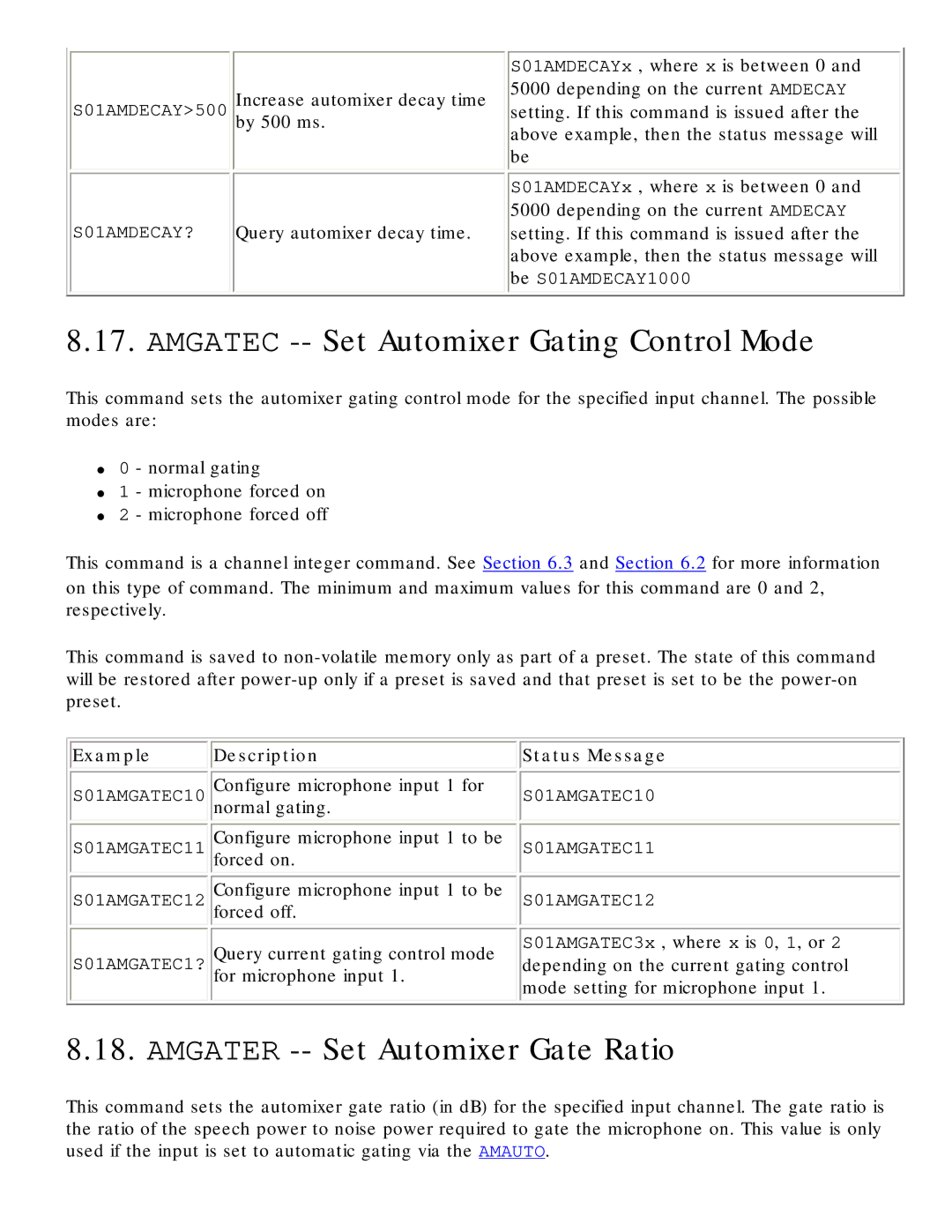 Polycom RS-232 manual Amgatec -- Set Automixer Gating Control Mode, Amgater -- Set Automixer Gate Ratio 