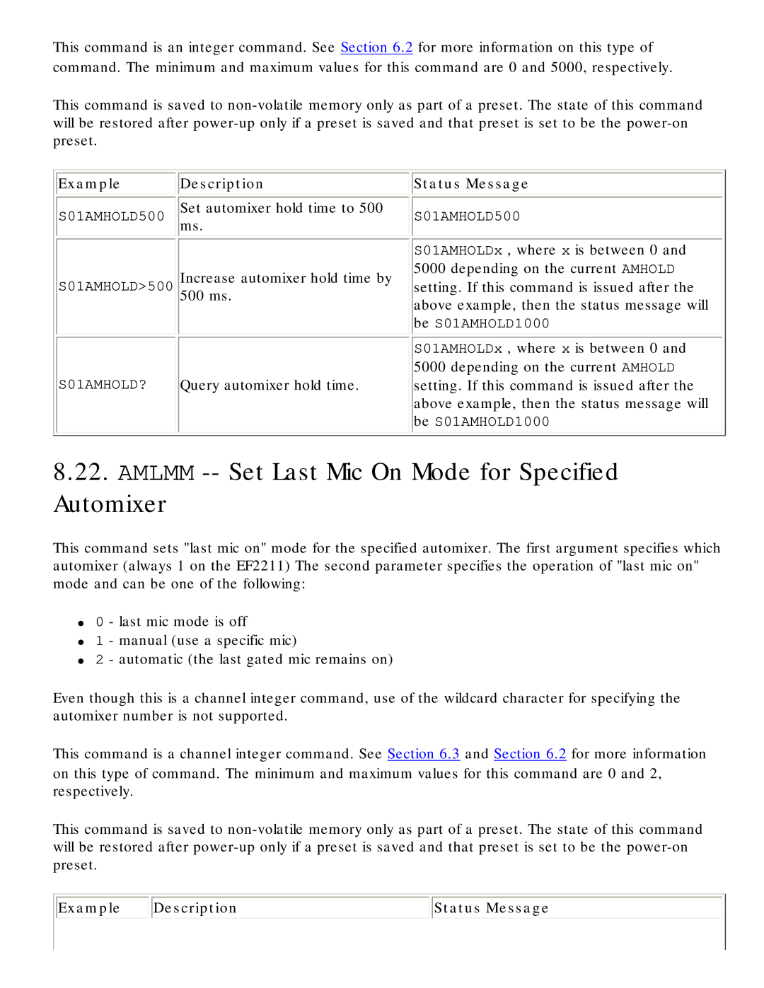 Polycom RS-232 manual Amlmm -- Set Last Mic On Mode for Specified Automixer, Example 