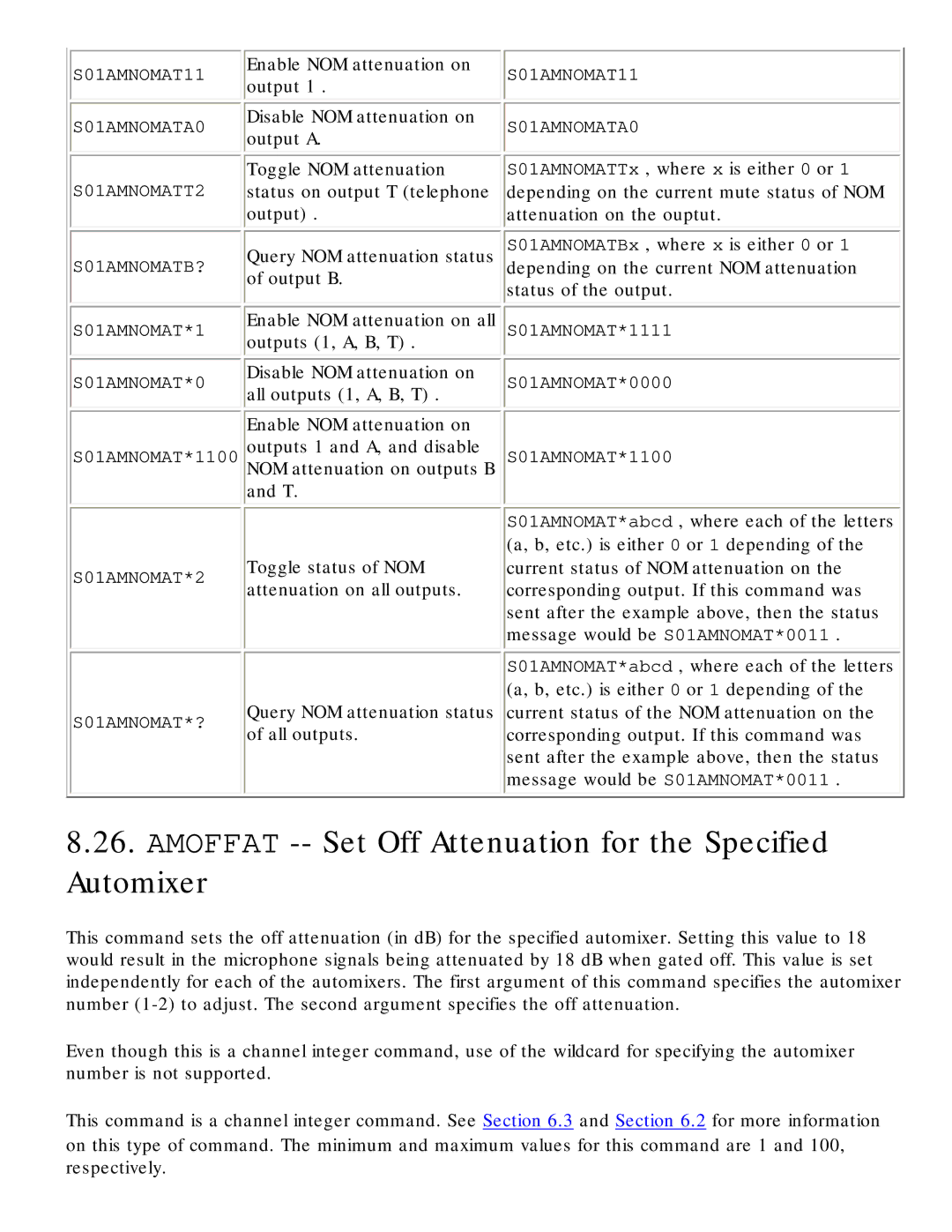 Polycom RS-232 manual Amoffat -- Set Off Attenuation for the Specified Automixer 