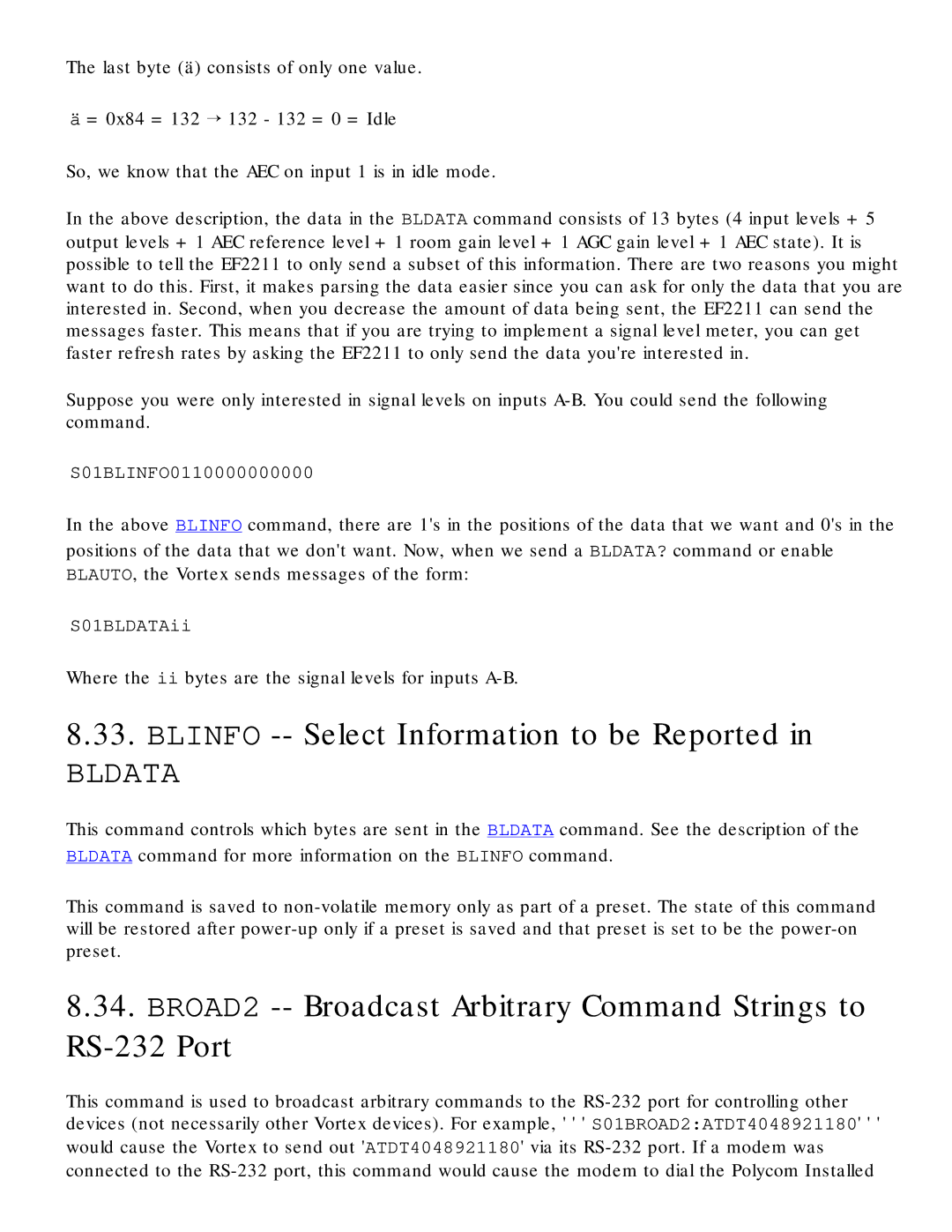 Polycom RS-232 manual Blinfo -- Select Information to be Reported, Where the ii bytes are the signal levels for inputs A-B 