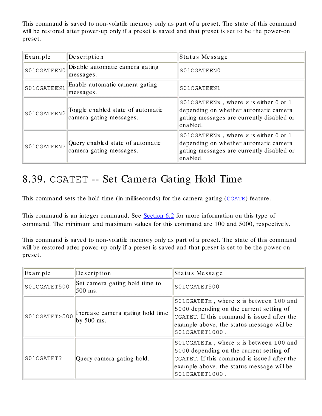 Polycom RS-232 manual Cgatet -- Set Camera Gating Hold Time, S01CGATET1000 