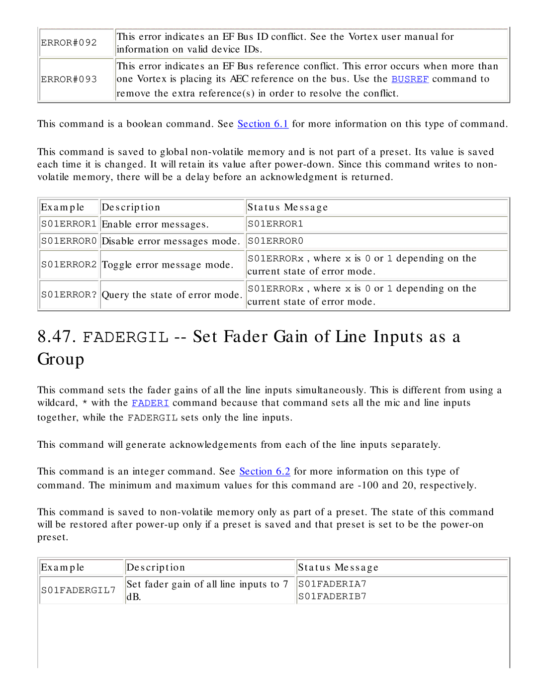 Polycom RS-232 Fadergil -- Set Fader Gain of Line Inputs as a Group, Enable error messages, Current state of error mode 