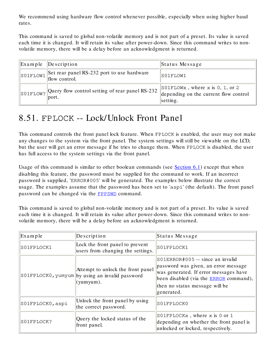 Polycom RS-232 manual Fplock -- Lock/Unlock Front Panel, Status Message 