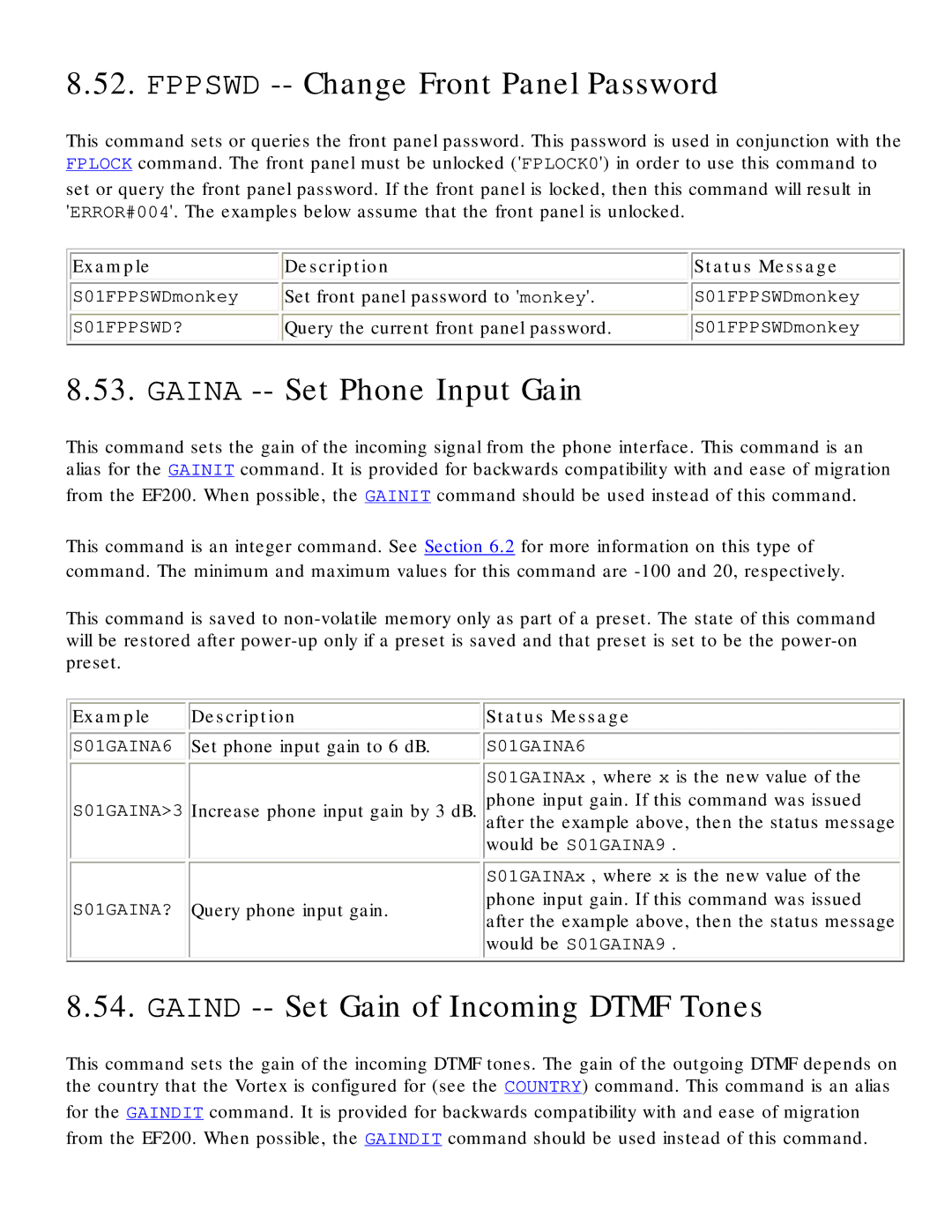 Polycom RS-232 manual Fppswd -- Change Front Panel Password, Gaina -- Set Phone Input Gain 