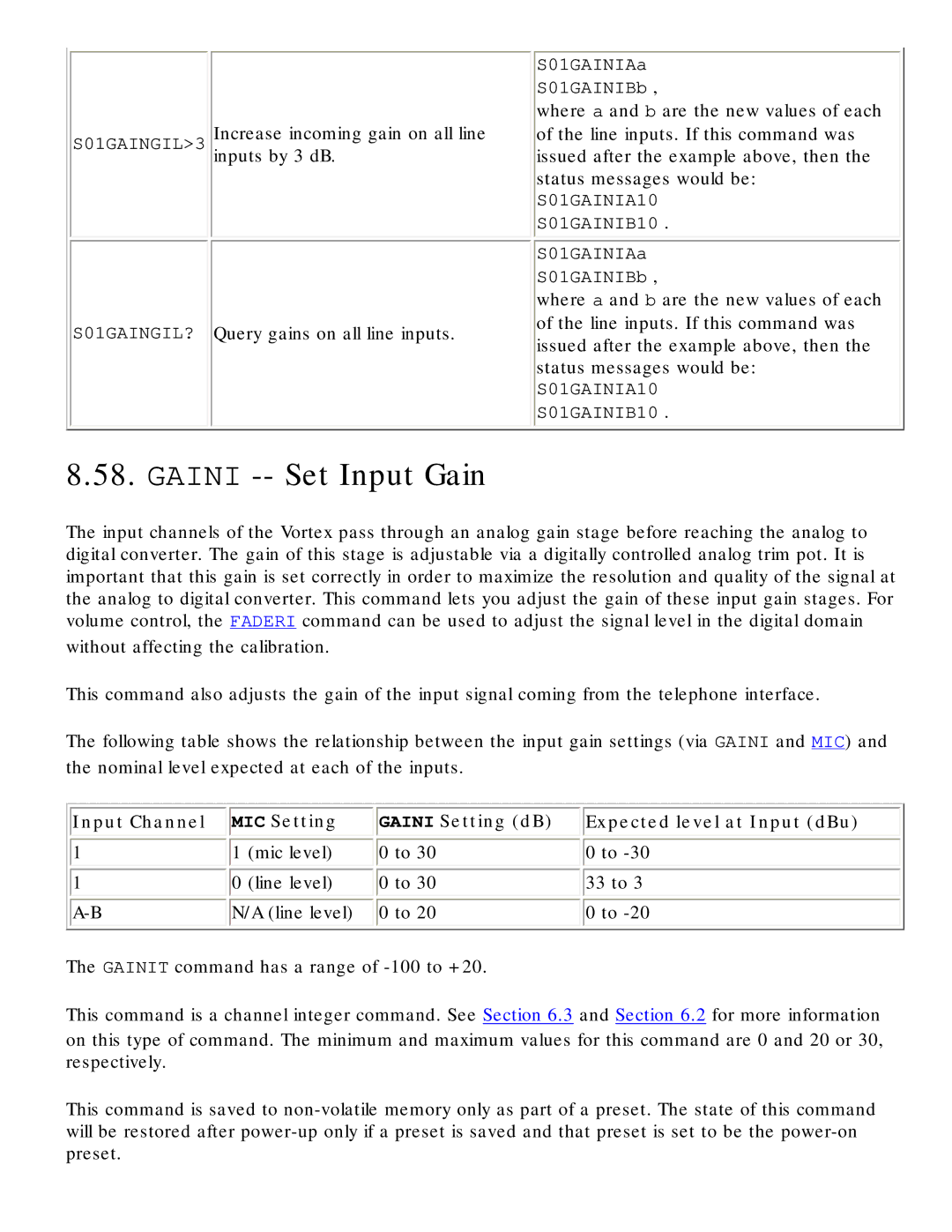 Polycom RS-232 manual Gaini -- Set Input Gain, Input Channel MIC Setting Gaini Setting dB 