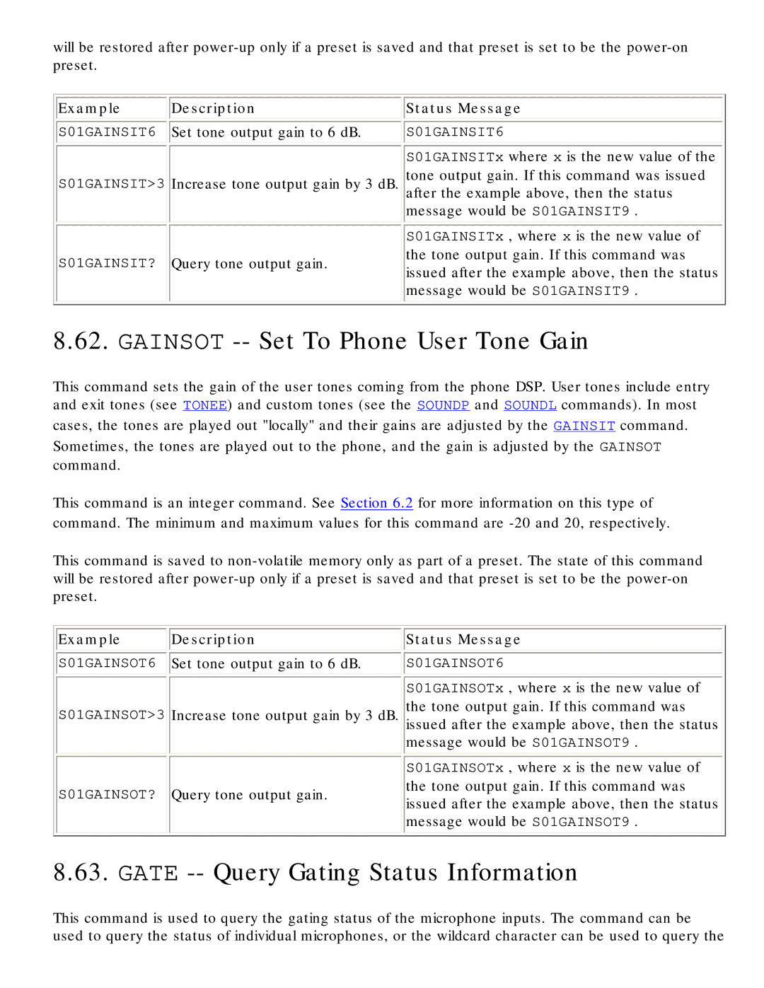 Polycom RS-232 manual Gainsot -- Set To Phone User Tone Gain, Gate -- Query Gating Status Information 