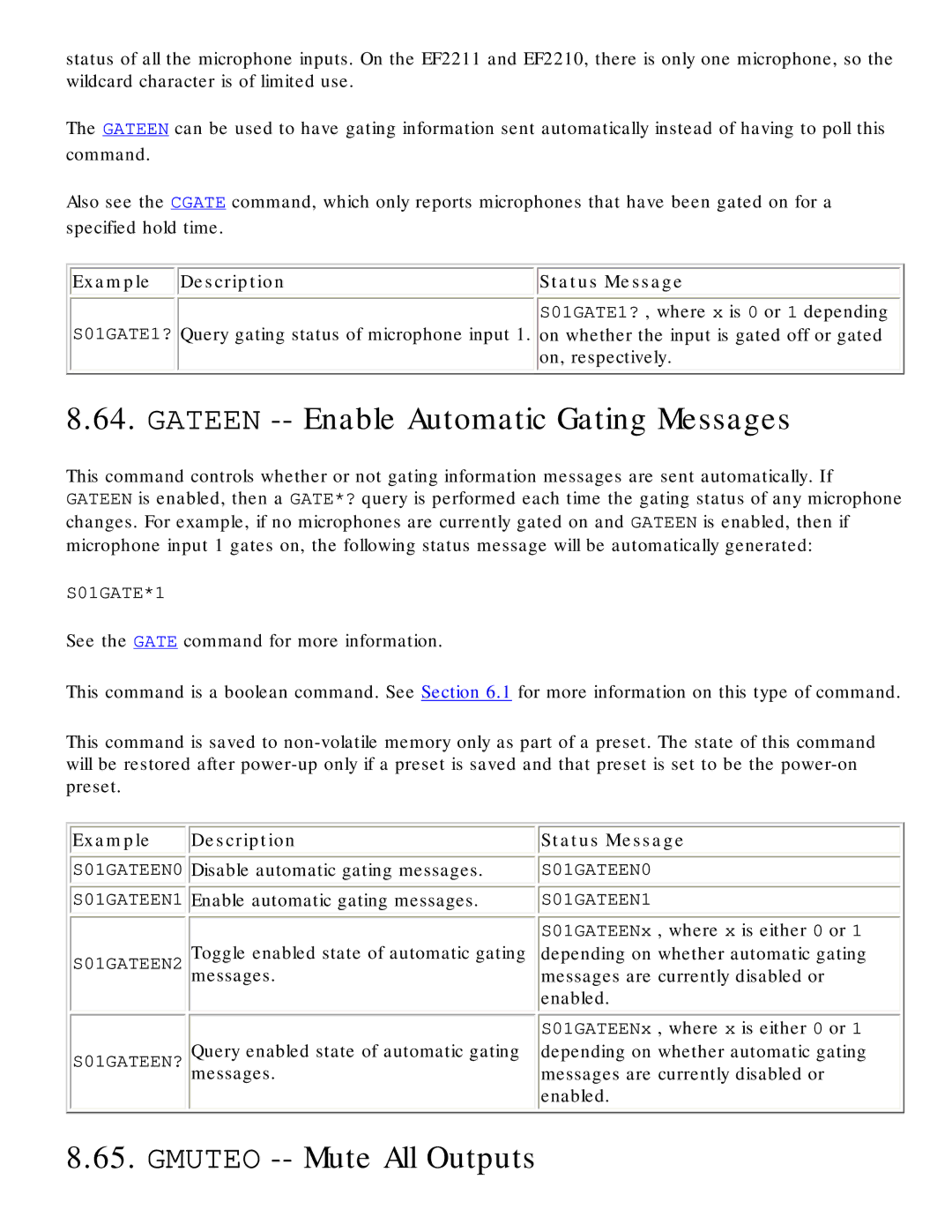 Polycom RS-232 manual Gateen -- Enable Automatic Gating Messages, Gmuteo -- Mute All Outputs 