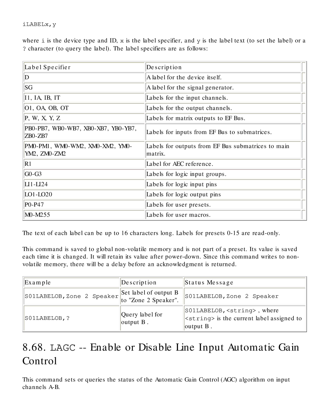 Polycom RS-232 manual Lagc -- Enable or Disable Line Input Automatic Gain Control, Label Specifier Description 