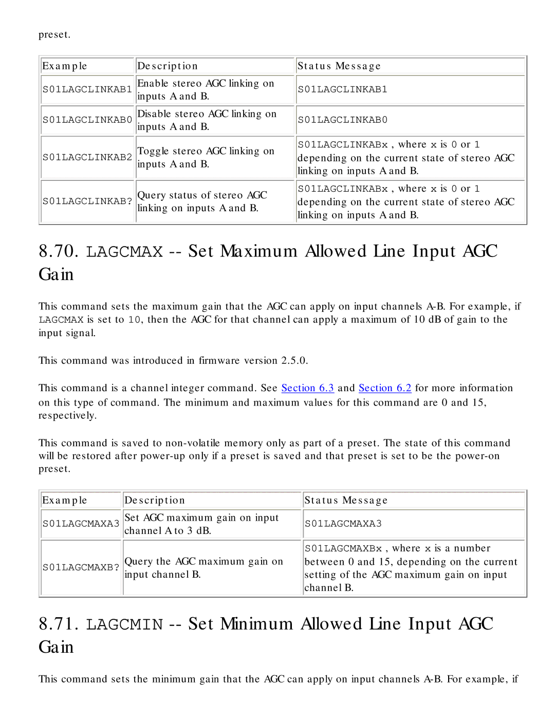 Polycom RS-232 Lagcmax -- Set Maximum Allowed Line Input AGC Gain, Lagcmin -- Set Minimum Allowed Line Input AGC Gain 