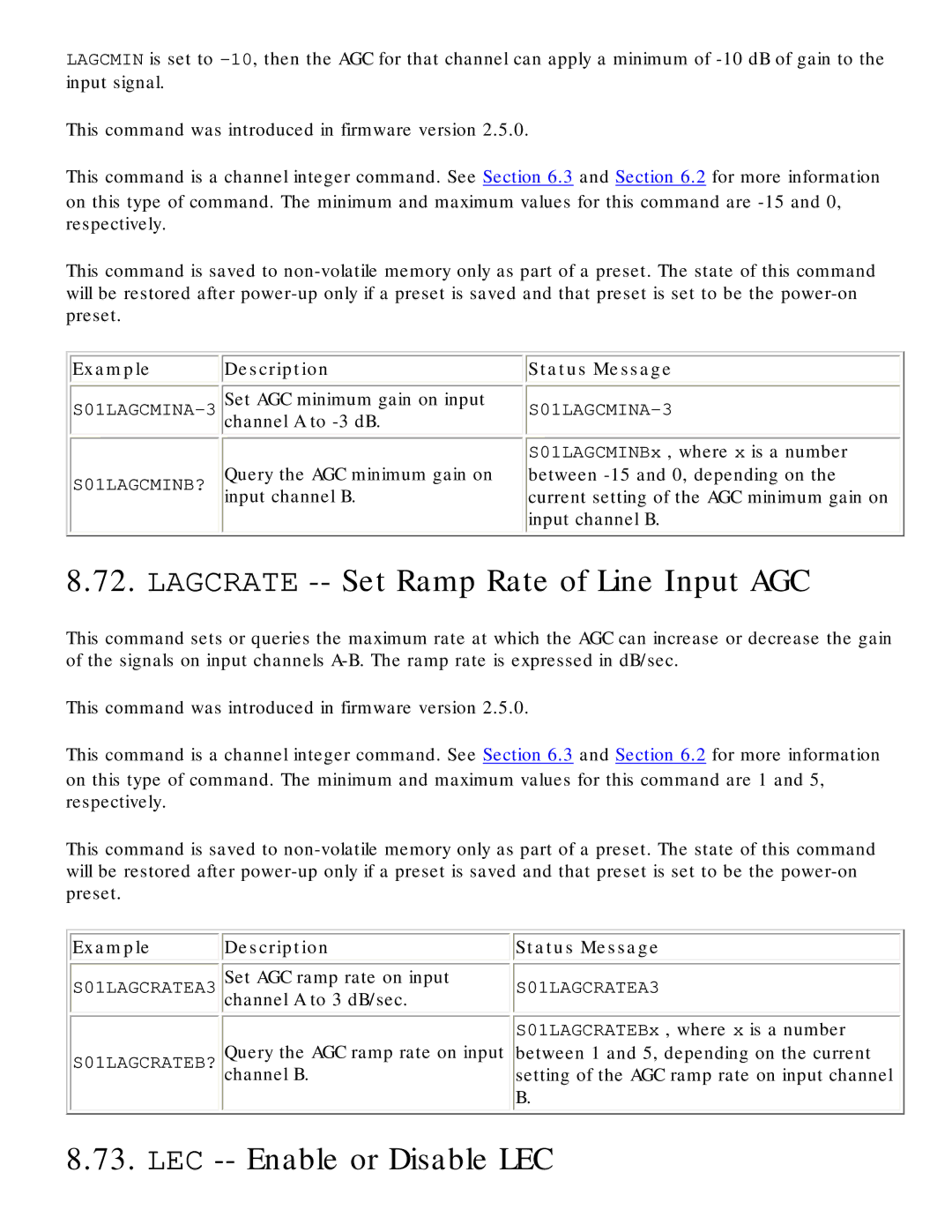 Polycom RS-232 manual Lagcrate -- Set Ramp Rate of Line Input AGC, LEC -- Enable or Disable LEC 