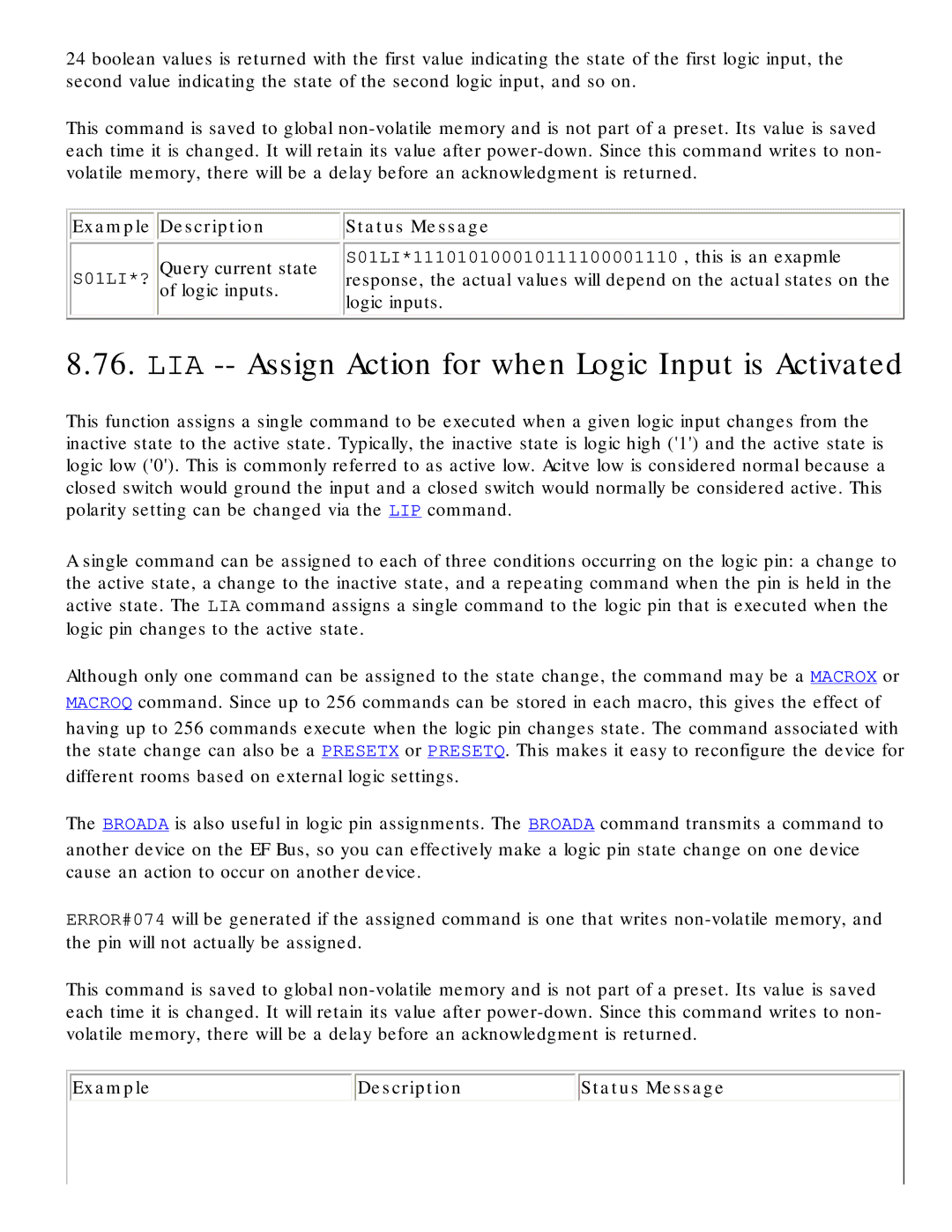 Polycom RS-232 manual LIA -- Assign Action for when Logic Input is Activated, Query current state S01LI*? of logic inputs 