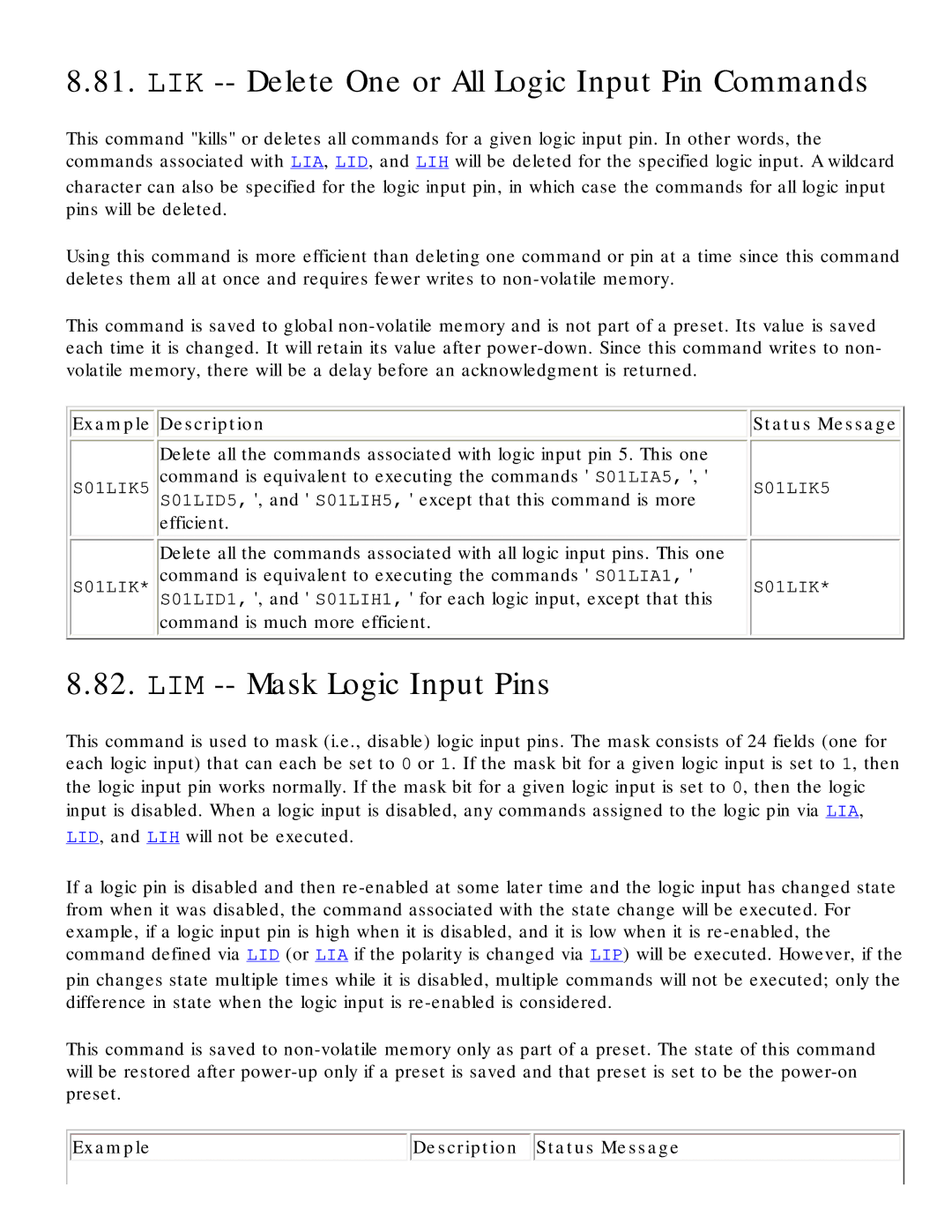 Polycom RS-232 manual LIK -- Delete One or All Logic Input Pin Commands, LIM -- Mask Logic Input Pins 