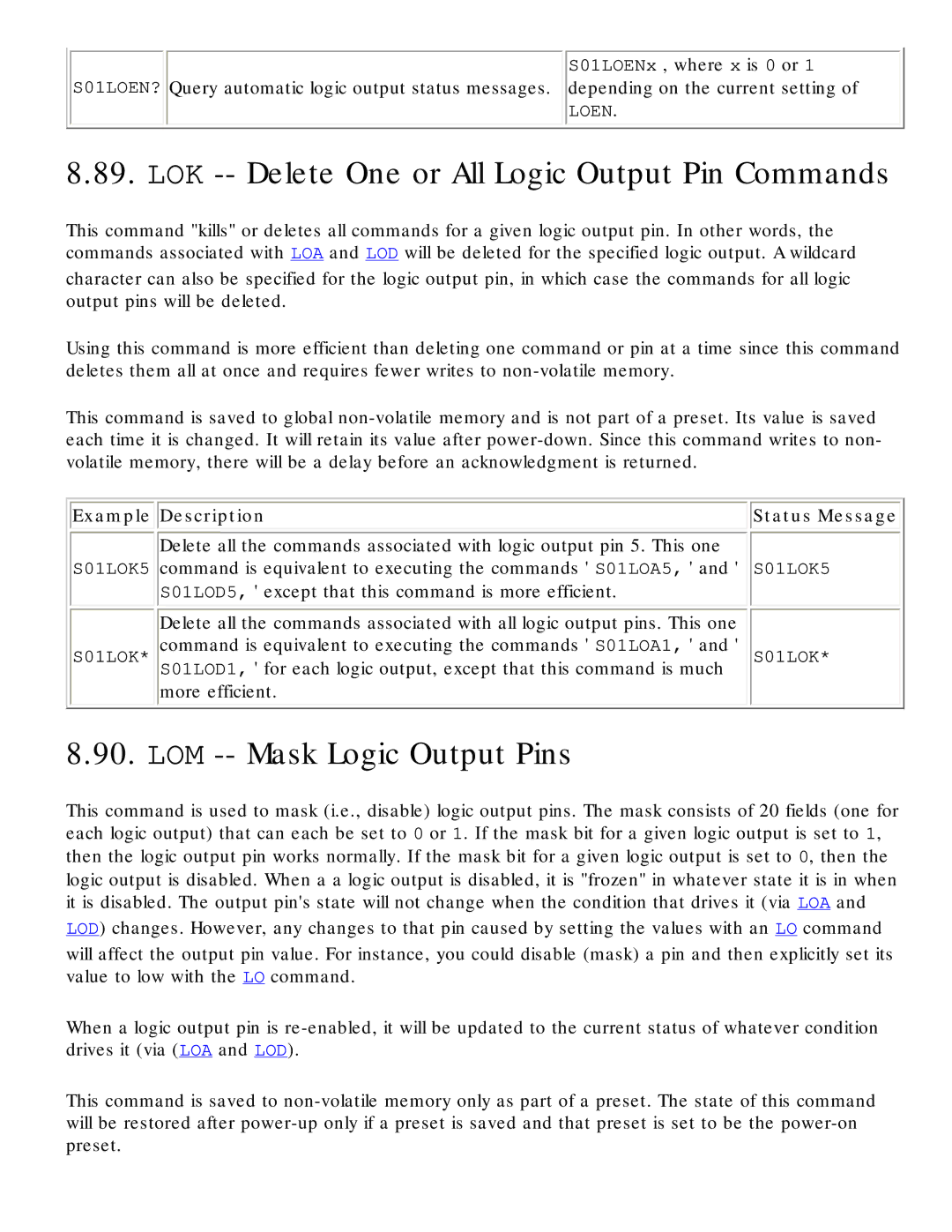 Polycom RS-232 manual LOK -- Delete One or All Logic Output Pin Commands, LOM -- Mask Logic Output Pins 