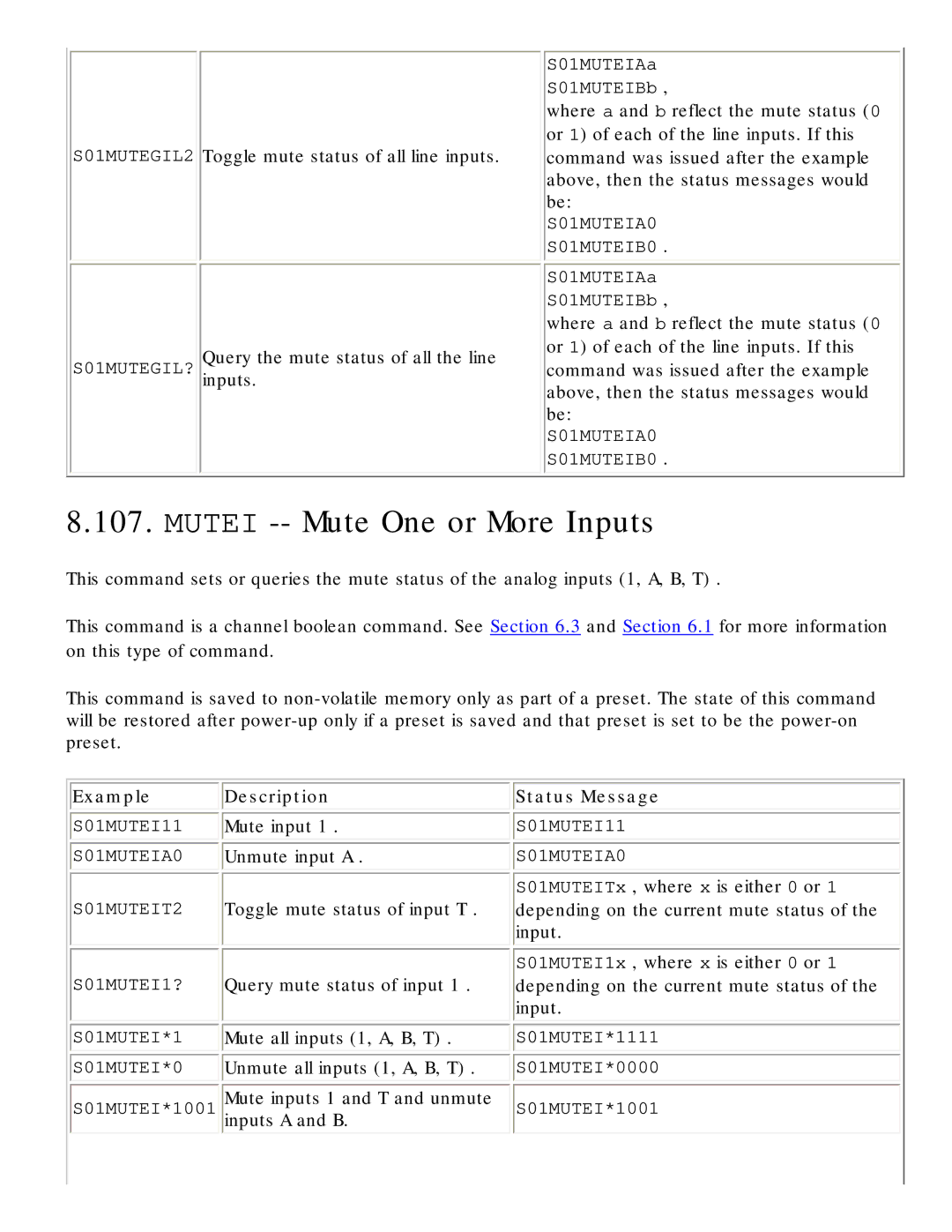 Polycom RS-232 manual Mutei -- Mute One or More Inputs, S01MUTEGIL2 Toggle mute status of all line inputs 