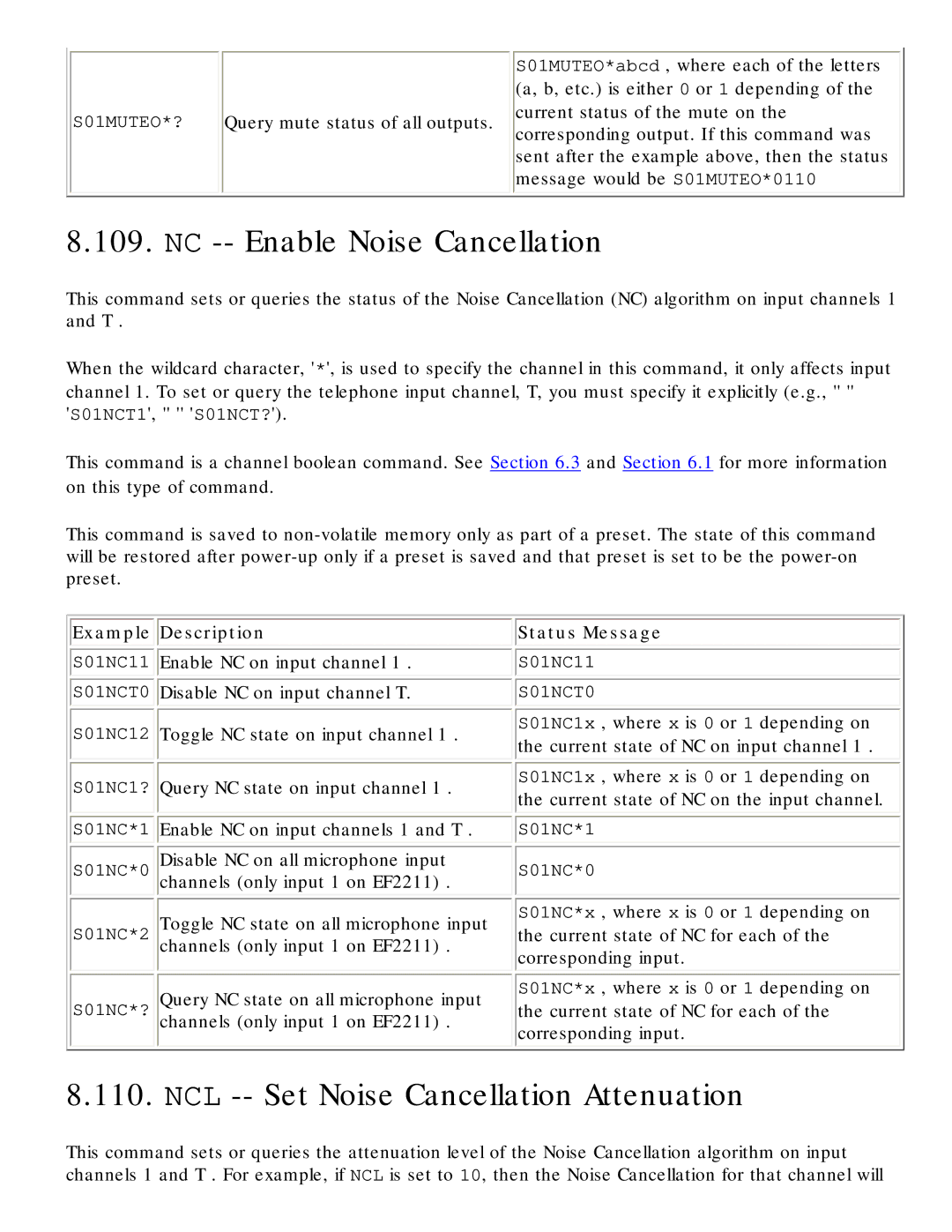 Polycom RS-232 manual NC -- Enable Noise Cancellation, NCL -- Set Noise Cancellation Attenuation 