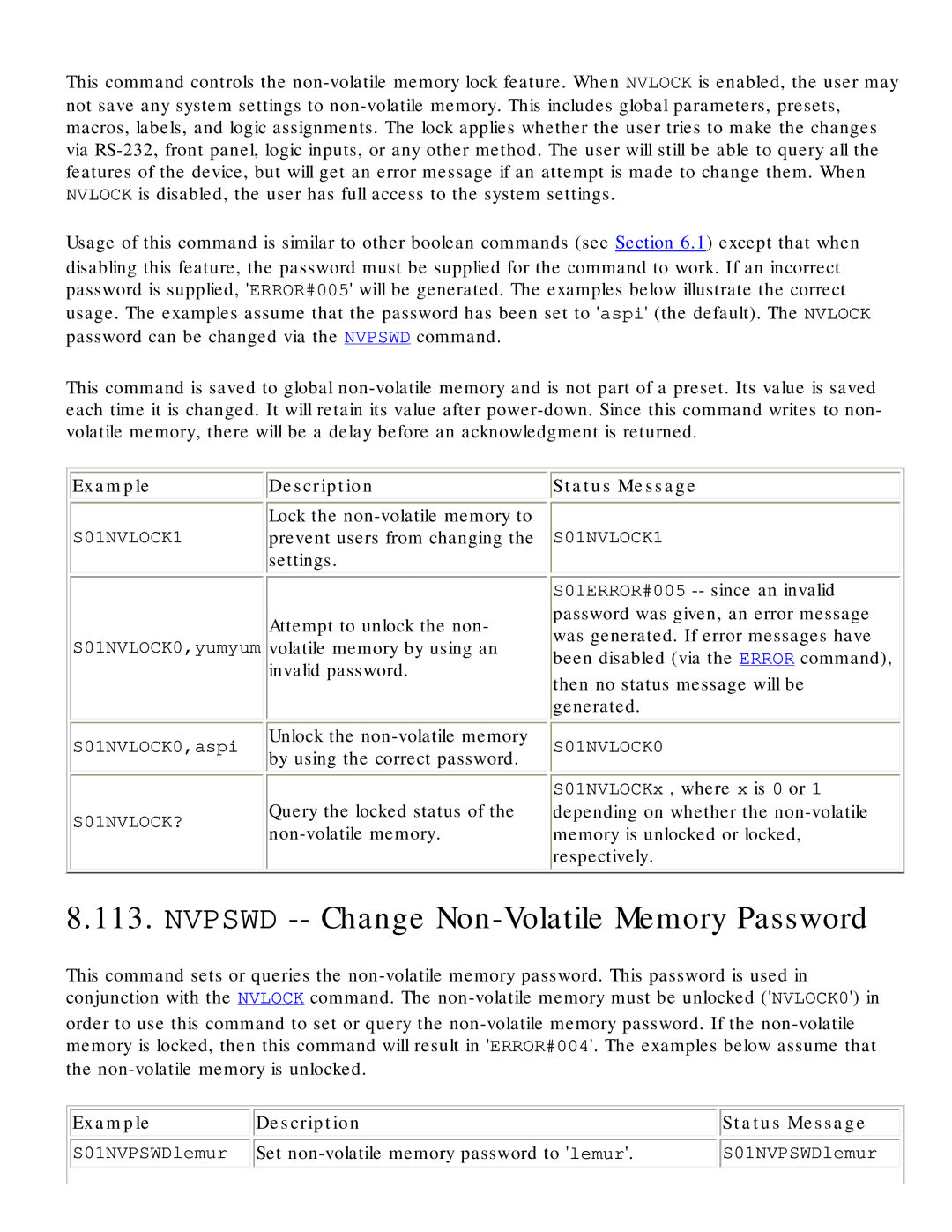 Polycom RS-232 manual Nvpswd -- Change Non-Volatile Memory Password, Query the locked status of the non-volatile memory 