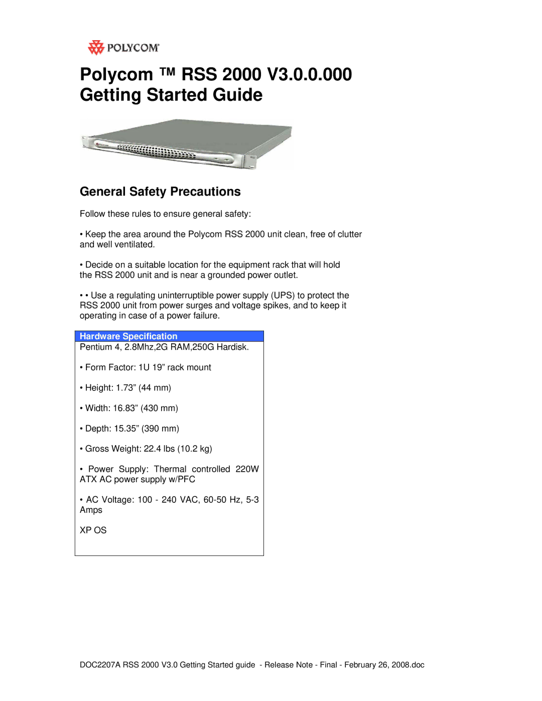 Polycom RSS 2000 manual General Safety Precautions, Hardware Specification 