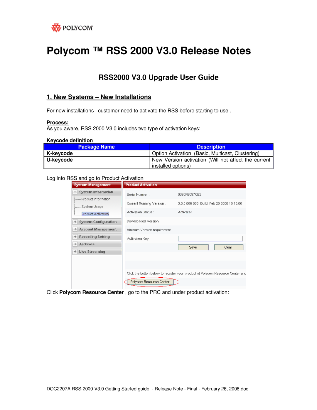 Polycom RSS 2000 manual RSS2000 V3.0 Upgrade User Guide, Process, Keycode definition, Package Name Description 