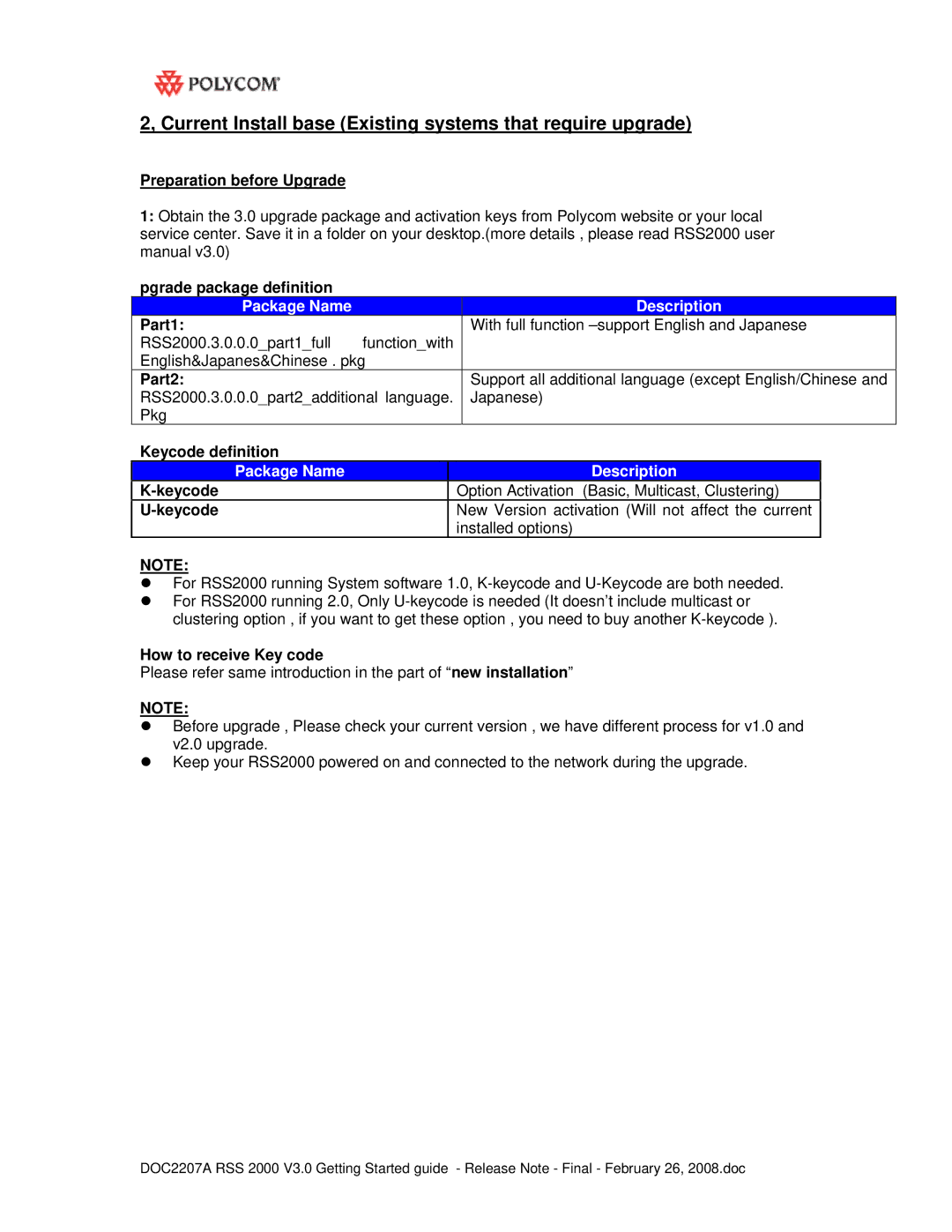 Polycom RSS 2000 manual Preparation before Upgrade Pgrade package definition, Part1, Part2, How to receive Key code 