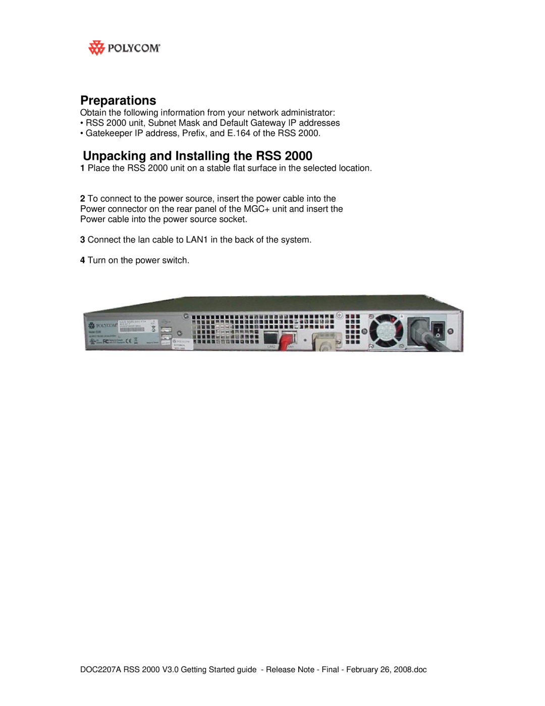 Polycom RSS 2000 manual Preparations, Unpacking and Installing the RSS 