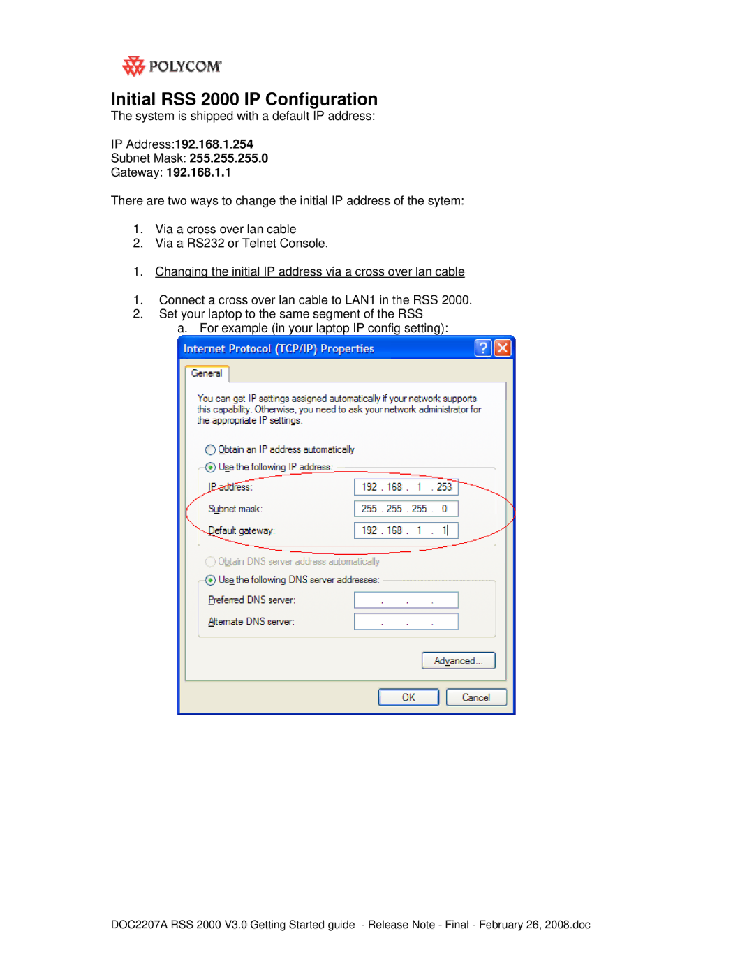 Polycom manual Initial RSS 2000 IP Configuration, IP Address192.168.1.254, Gateway 