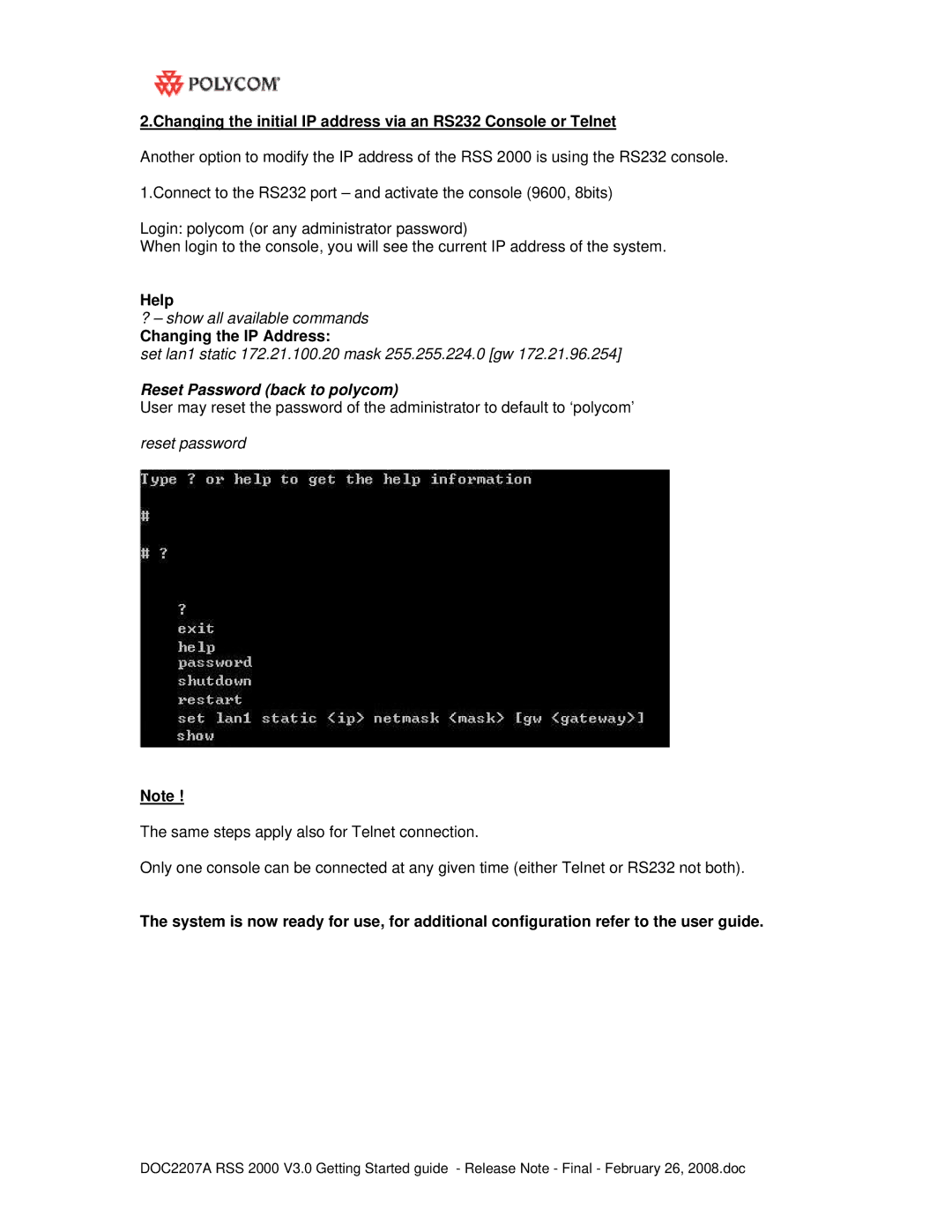 Polycom RSS 2000 manual Help, Changing the IP Address 