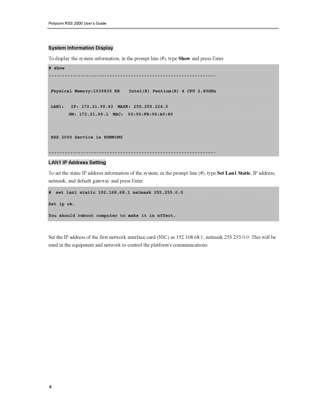 Polycom RSS 2000 manual System Information Display 