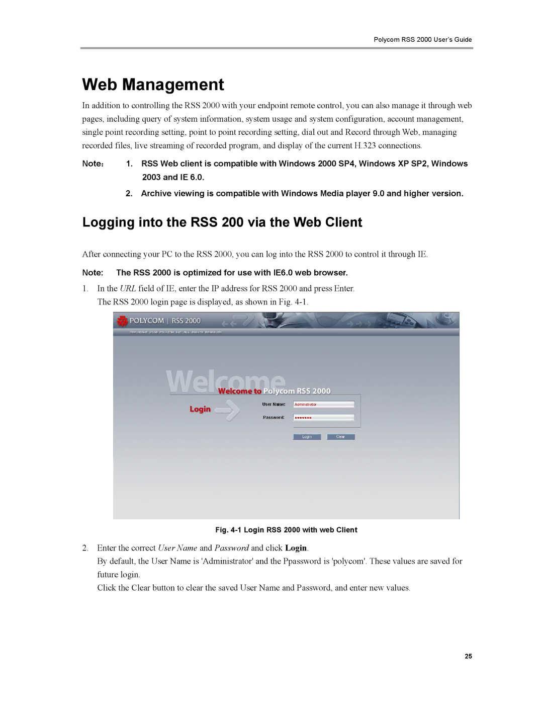 Polycom RSS 2000 manual Web Management, Logging into the RSS 200 via the Web Client 