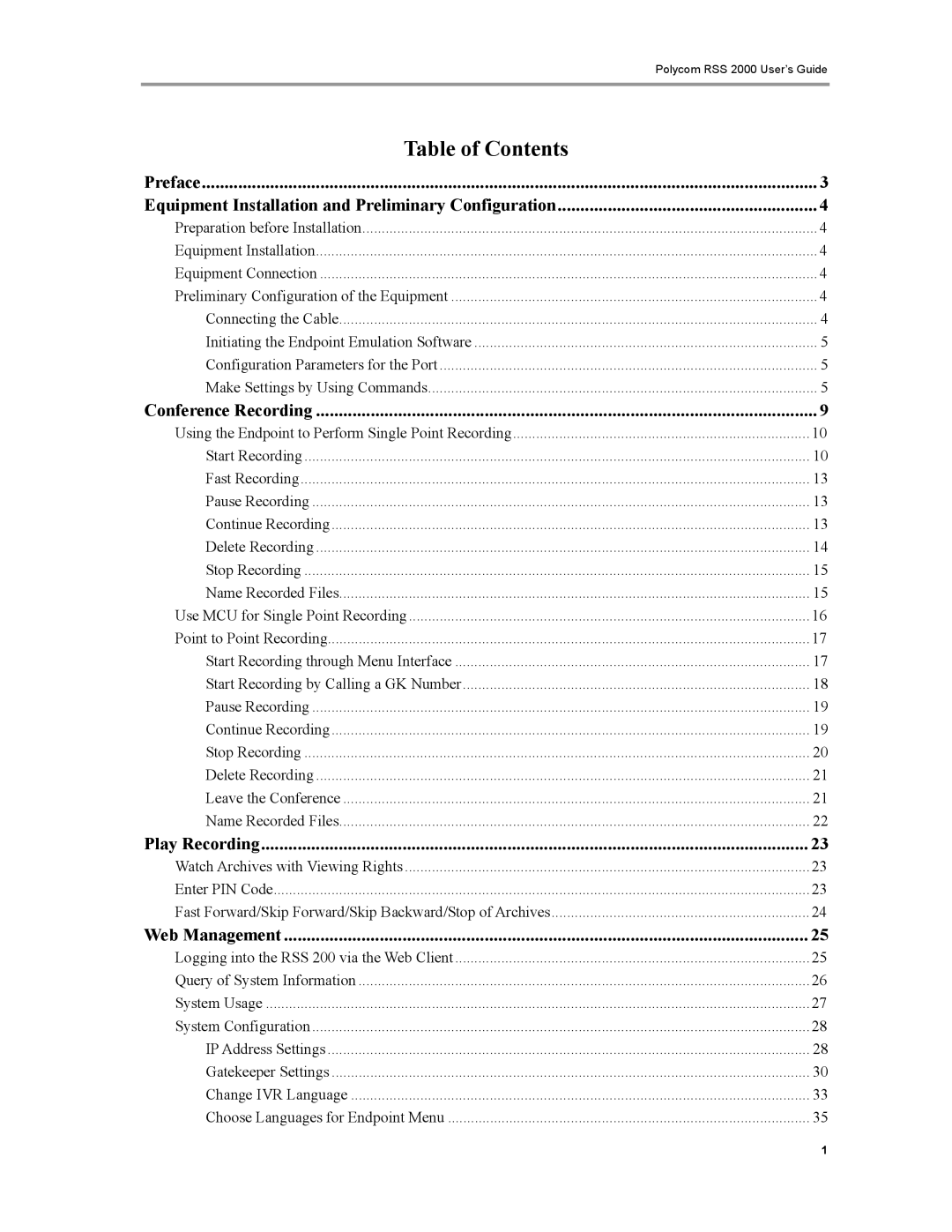 Polycom RSS 2000 manual Table of Contents 