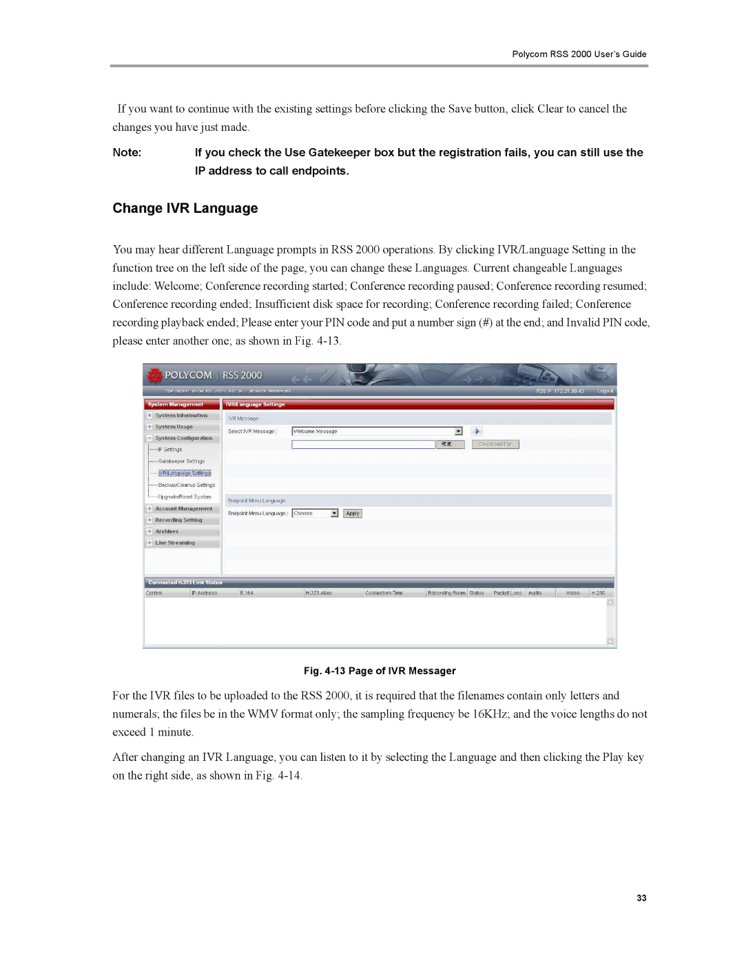 Polycom RSS 2000 manual Change IVR Language, Page of IVR Messager 