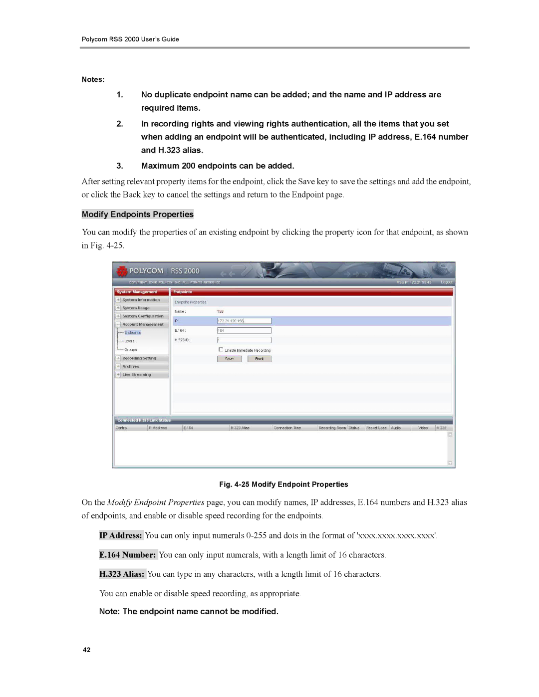 Polycom RSS 2000 manual Modify Endpoints Properties 