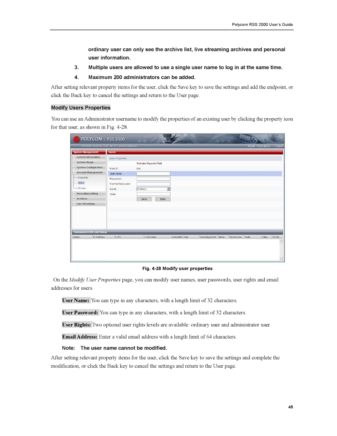 Polycom RSS 2000 manual Modify Users Properties 