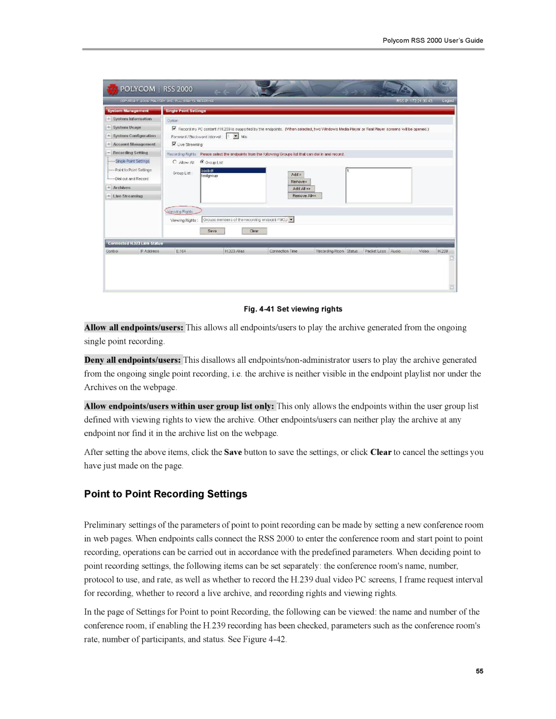 Polycom RSS 2000 manual Point to Point Recording Settings, Set viewing rights 