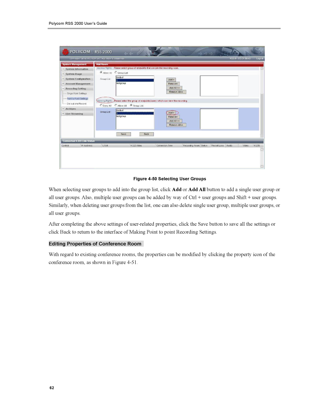 Polycom RSS 2000 manual Editing Properties of Conference Room 