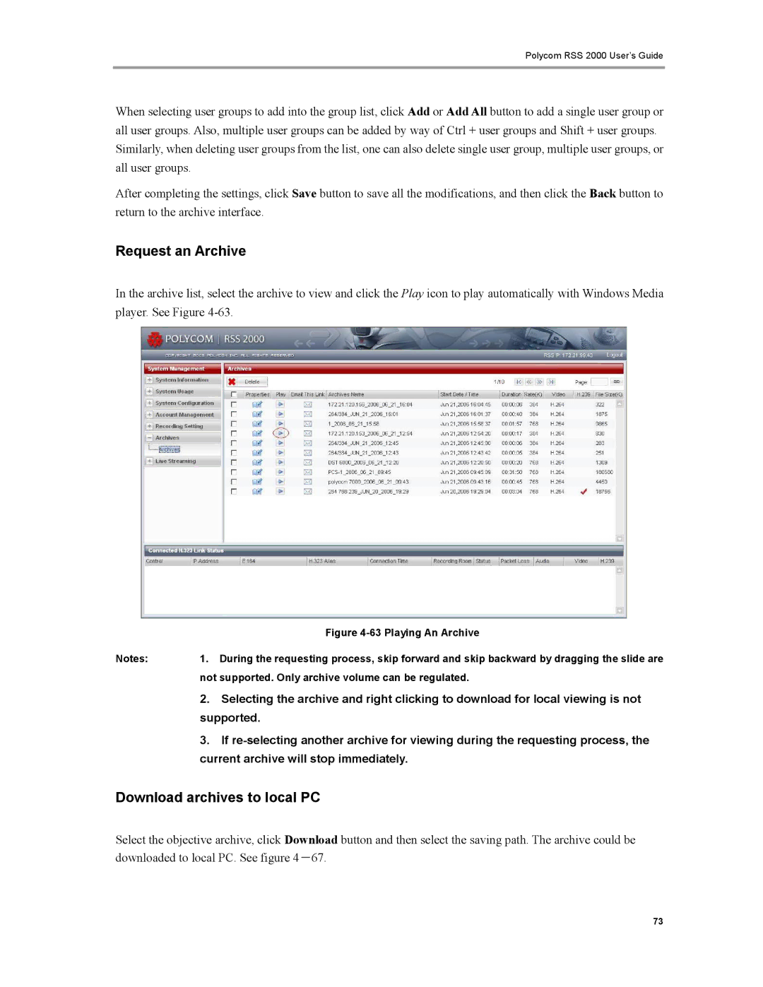 Polycom RSS 2000 manual Request an Archive, Download archives to local PC 