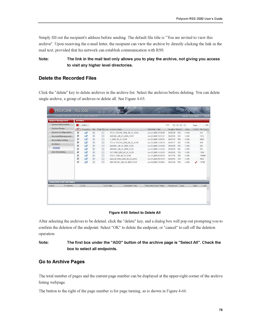 Polycom RSS 2000 manual Delete the Recorded Files, Go to Archive Pages 