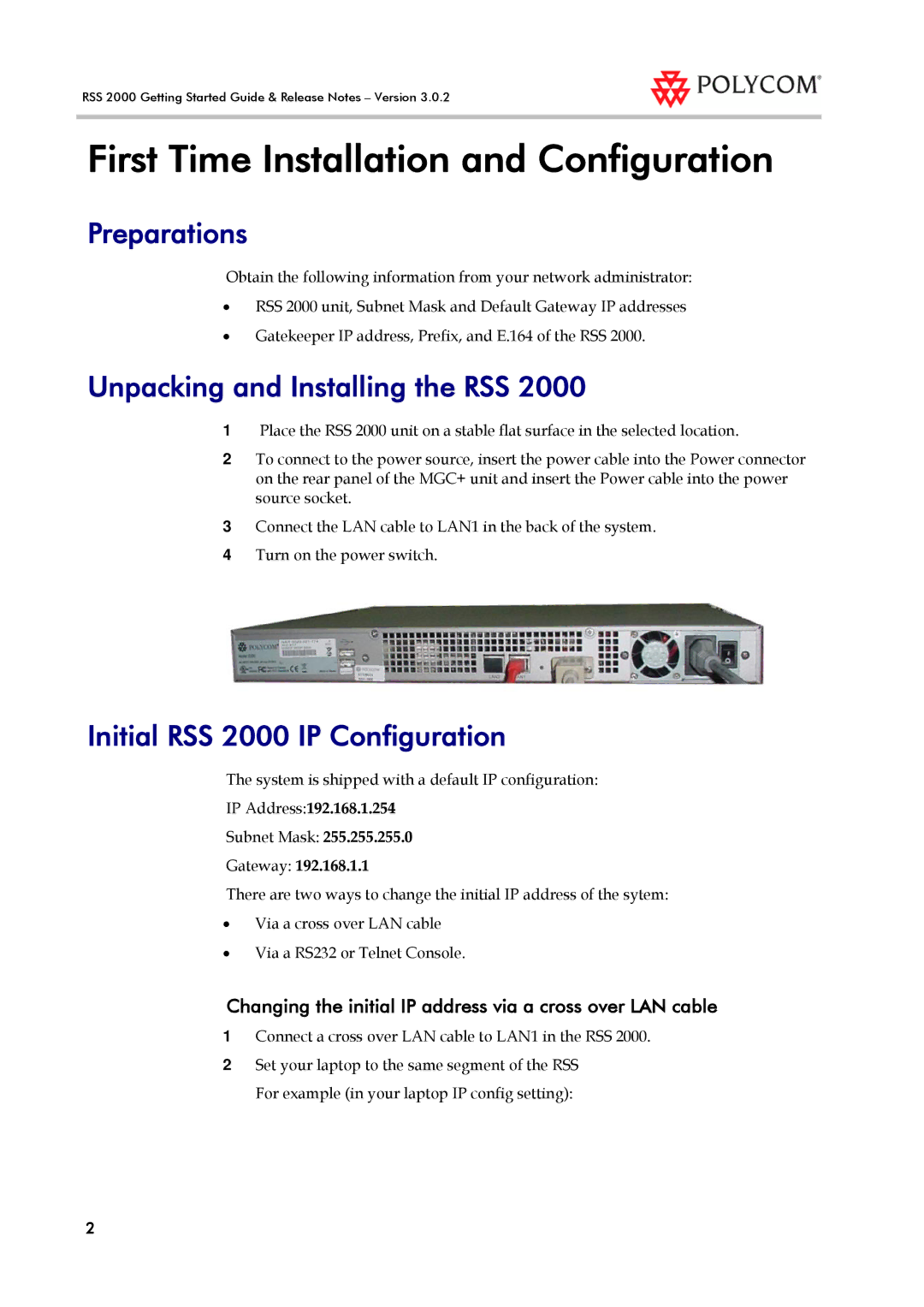 Polycom RSS 2000 manual First Time Installation and Configuration, IP Address192.168.1.254, Gateway 